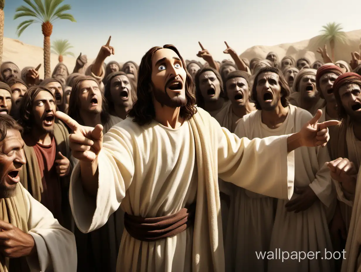facing a crowd of repugnant lepers, Jesus Christ throws fingers, noses, and teeth left and right, in an oasis, detailed photograph, panoramic view, friendly atmosphere