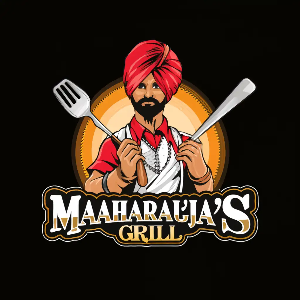 LOGO-Design-for-Maharajas-Grill-Vibrant-Punjabi-Chef-with-Turban-and-Cooking-Utensil