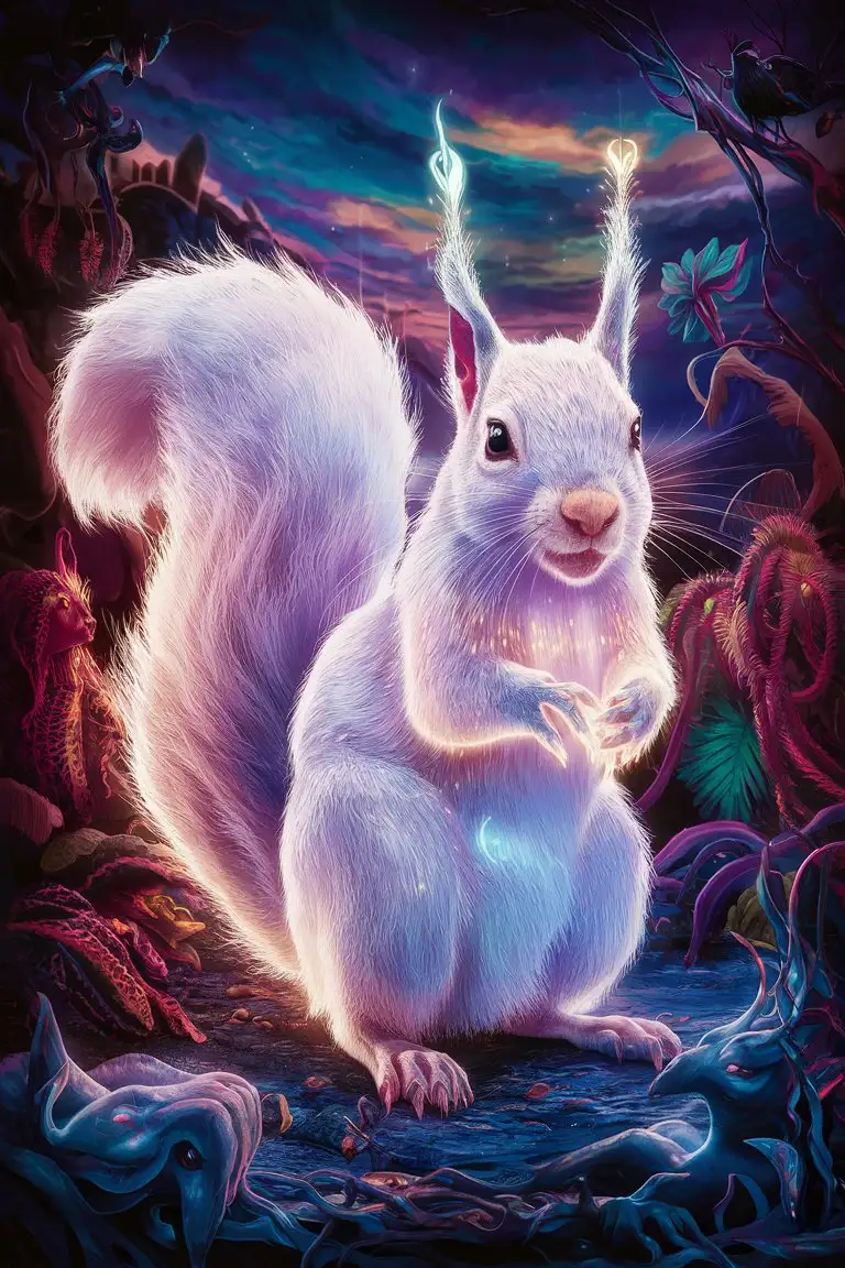 Fantasy Art of a white squirrel, very detailed, HD, 8k, high Resolution, pretty, realistic, mythical, night, glowing, colourful