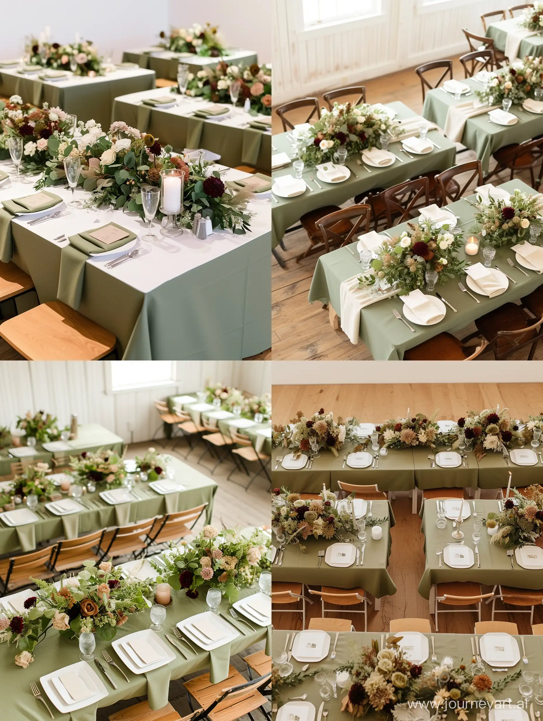 Wedding venue with white walls and wooden floors. Seven Square tables that sit eight people each. On the tables sage green table cloths, white plates and silver cutlery. In the middle of the tables flower arrangements of green, beige and burgundy and a light thick candle.