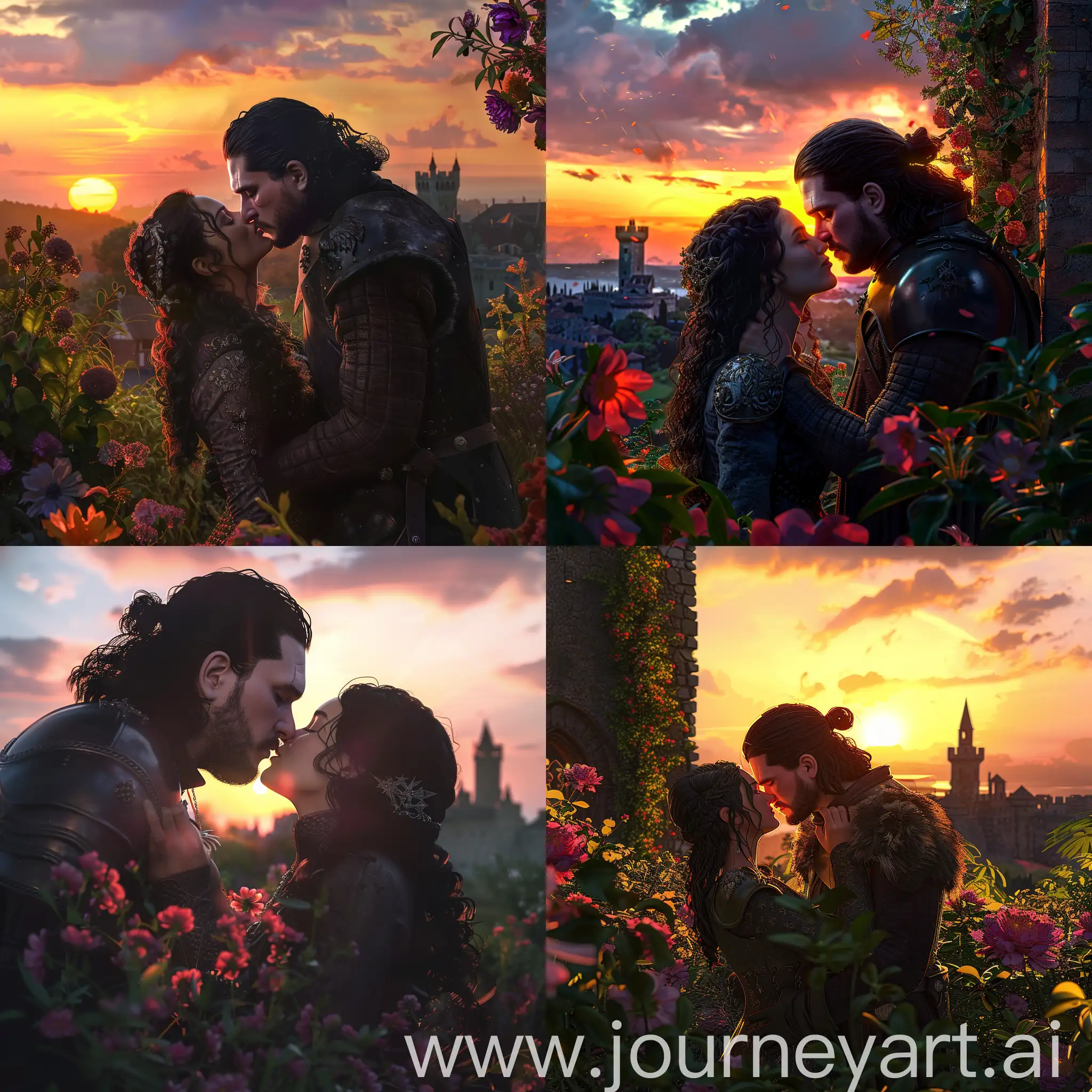 Jon Snow in Toussaint, Beauclair castle, Jon Snow kiss Anna Henrietta, flowers, sunset,  the witcher 3 blood and wine, game of thrones, photorealism, 4K, 3D 