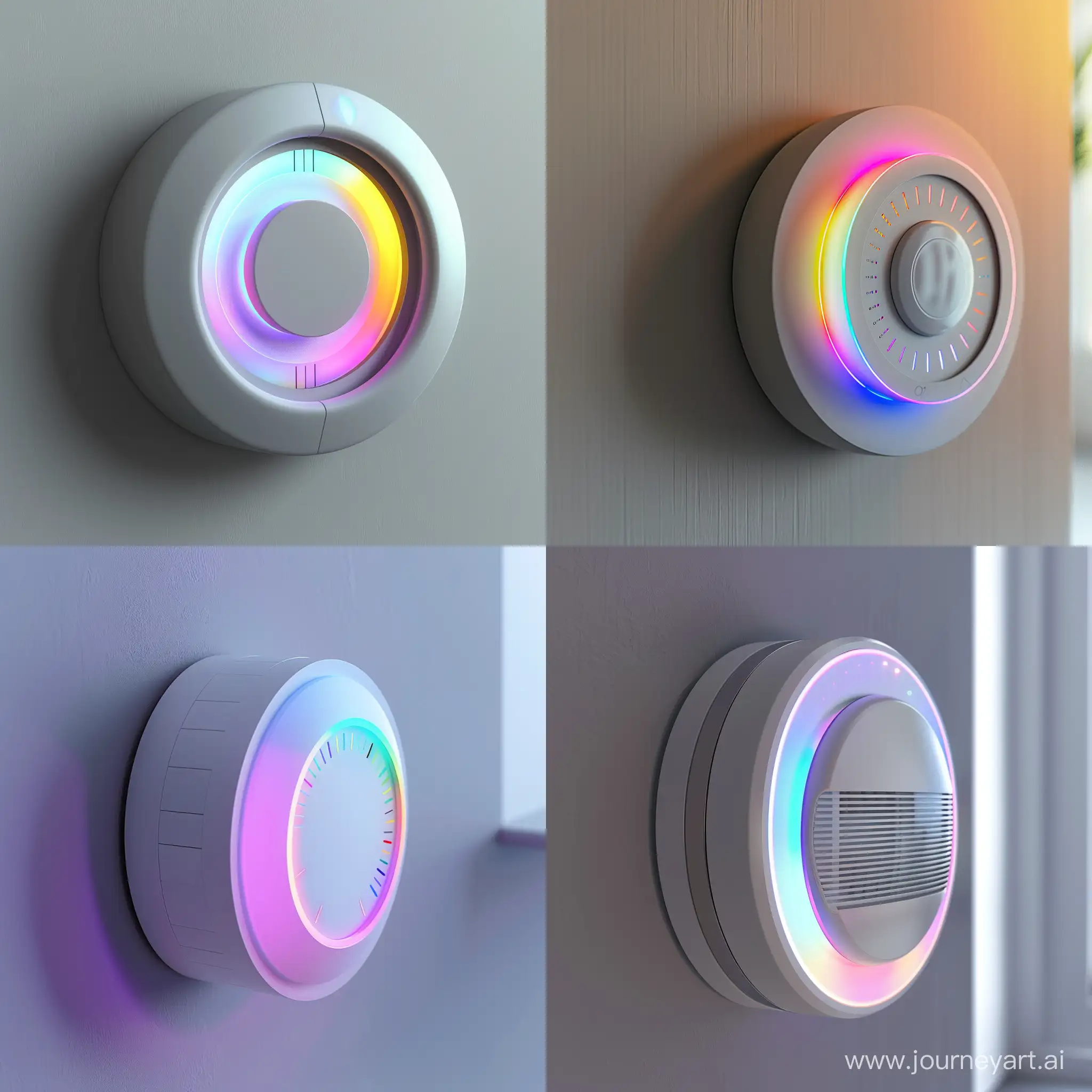 "Imagine a wall-mounted, dial-shaped light control system, made from eco-friendly polymers and metals, soft white or light gray to blend with walls. It features a tactile surface for manual adjustments and an LED ring that changes color based on lighting conditions, measuring 8 cm in diameter and 1.5 cm in depth. This device intelligently manages lighting, emphasizing energy efficiency and harmony in design, fitting unobtrusively into any interior design scheme."realistic style