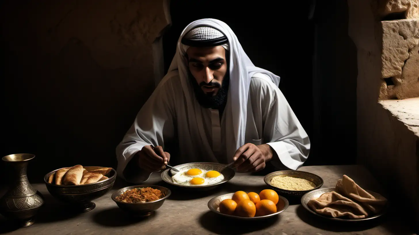 A dark landscape image of an ancient arab society deeply connected to islam, a man eating breakfast in his ancient home 16:9