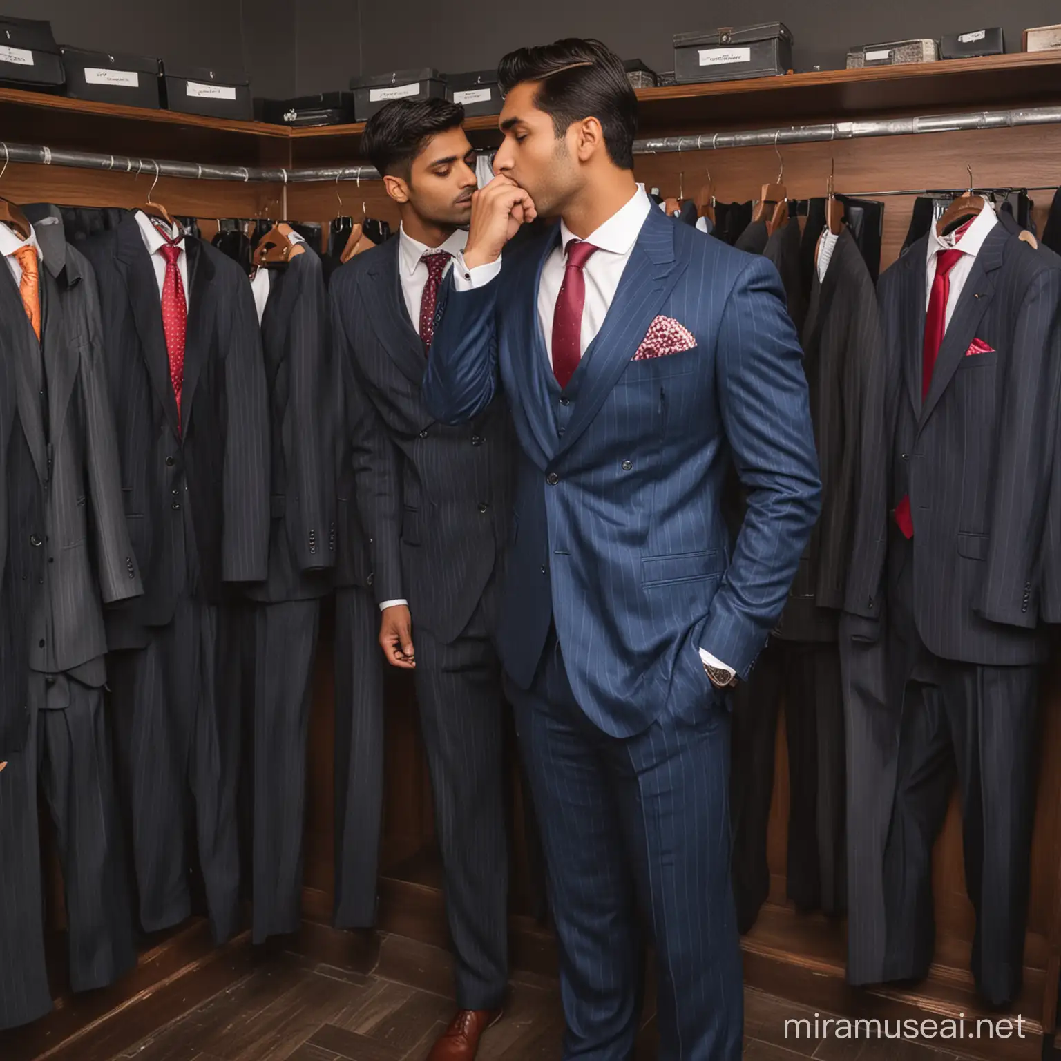wide shot, team of Indian men, undressing, kissing, pinstripe suit and bright tie, very wide lapels, kissing his cheek, in a gentlemen's closet , lots of suits on racks, photographic, high resolution