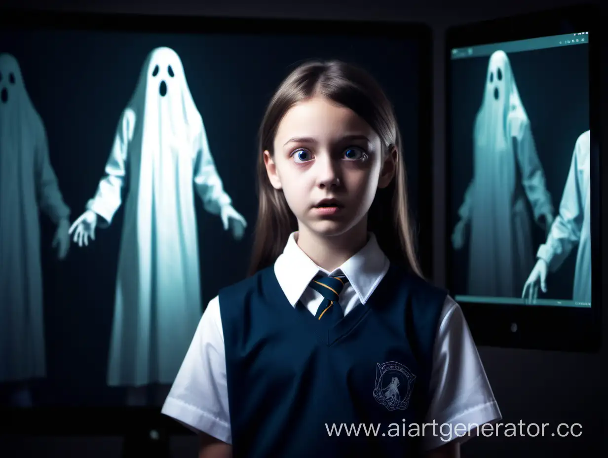 Girl in school uniform, virtual ghost, curious, evidence is mot seen