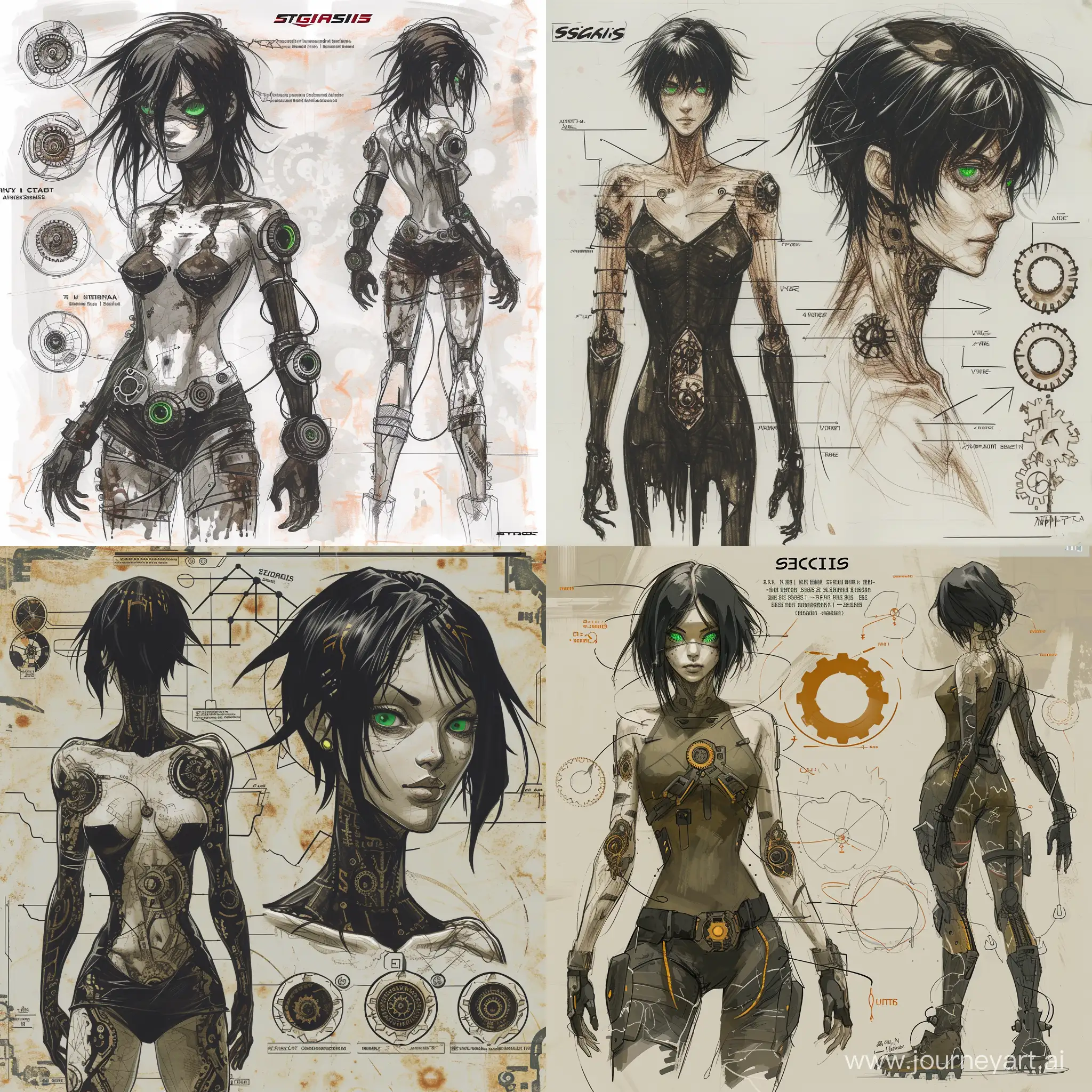 full body character design sheet, underground slum chracter, female, very pale, black hair, green eyes, showing gears, full color pen sketch, style of Signalis video game, style of tsutomu nihei, character concept.