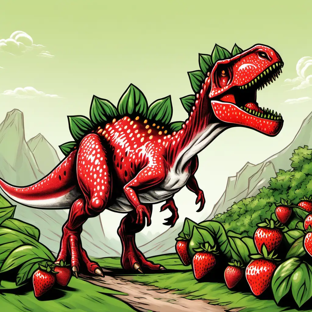 Playful Dinosaur Engaged in Strawberry Picking on a Translucent Background