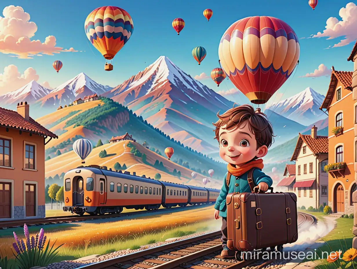 voucher, cheerful, warm colors, cartoon, , vector, white background, detailed, train, one hot air balloon, suitcase, squint, mountains, boy, 18 year, funny, city,