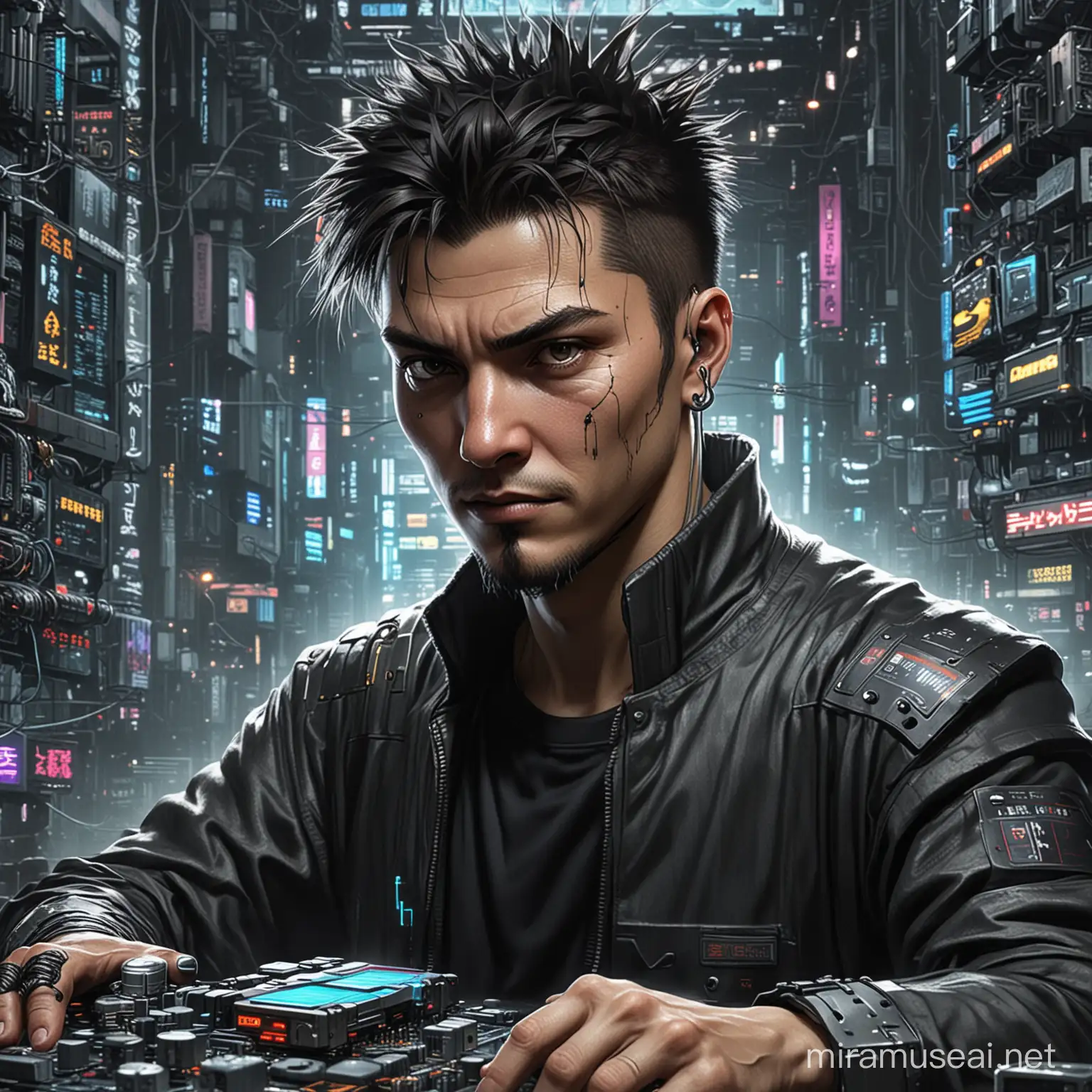 Cyberpunk from Neuromancer with electrodes jacked into his Ono Sendai deck running through cyberspace