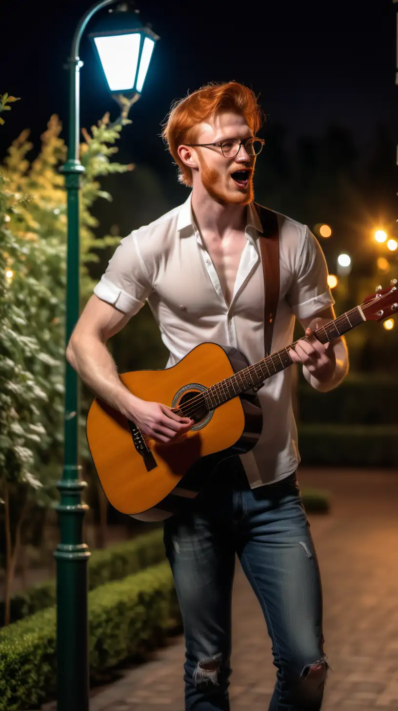 Handsome redhead man playing guitar, singing. Rose garden, night, amber street lamps. Shirtless, Half transparent open white shirt, show hairy chest, show abs, stubbles, short hair, glasses, night