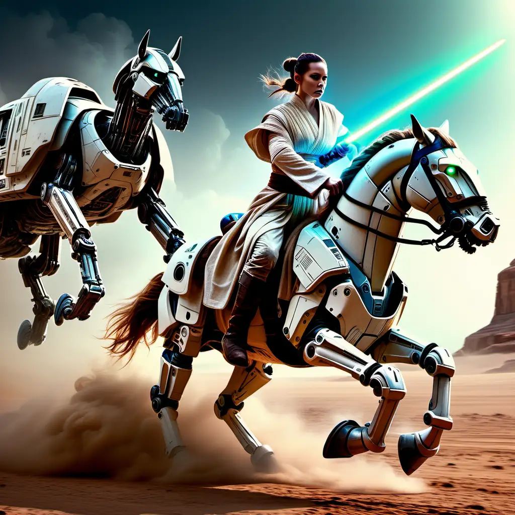  dramatic star wars caucasian  musculur  jedi with light saber  riding a robotic  horse with spaceship in the background

