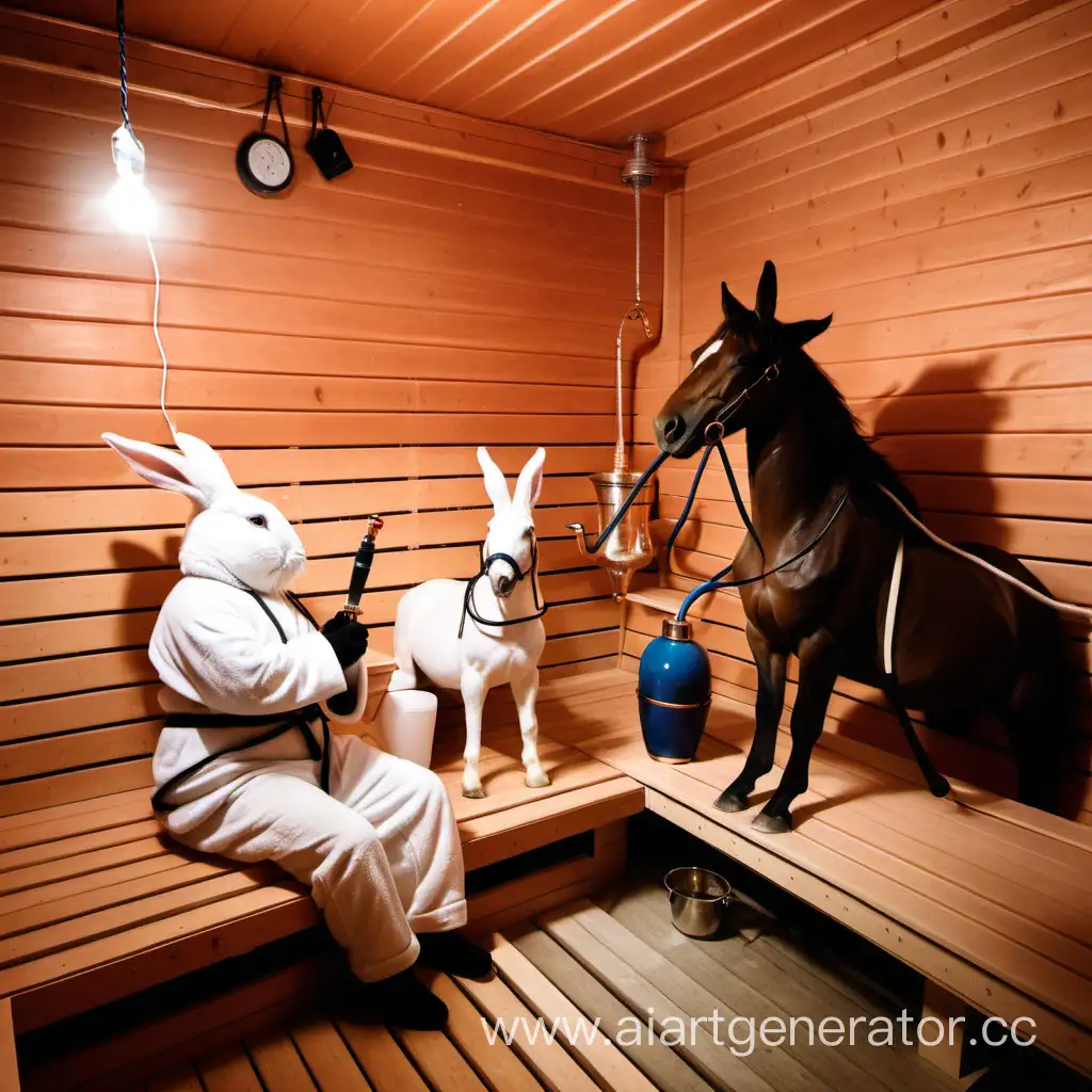 кролик и две лошади сидят в сауне с кальяном