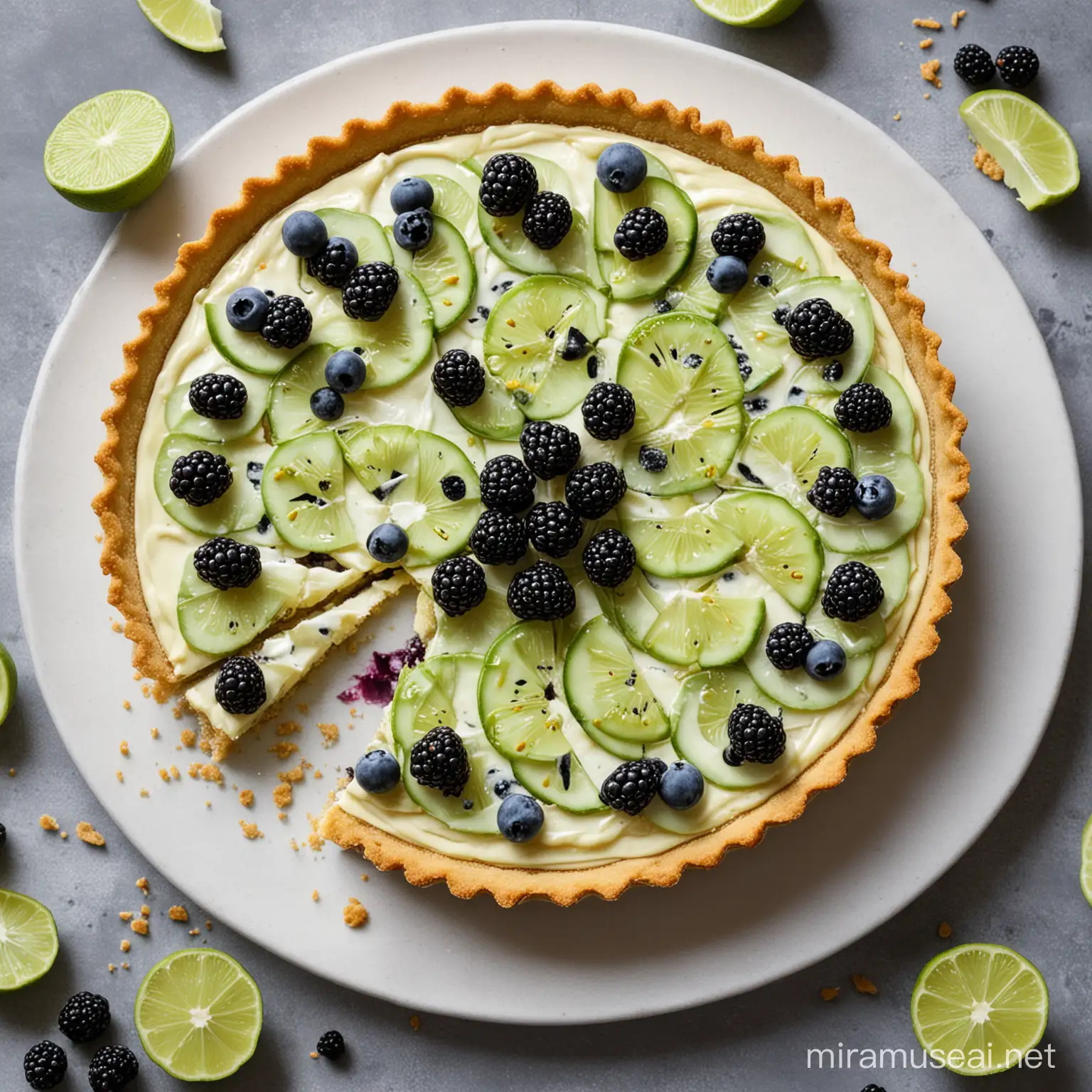 A photo of a sliced blue moon lime tart decorated with slices of lime and blackberries. 