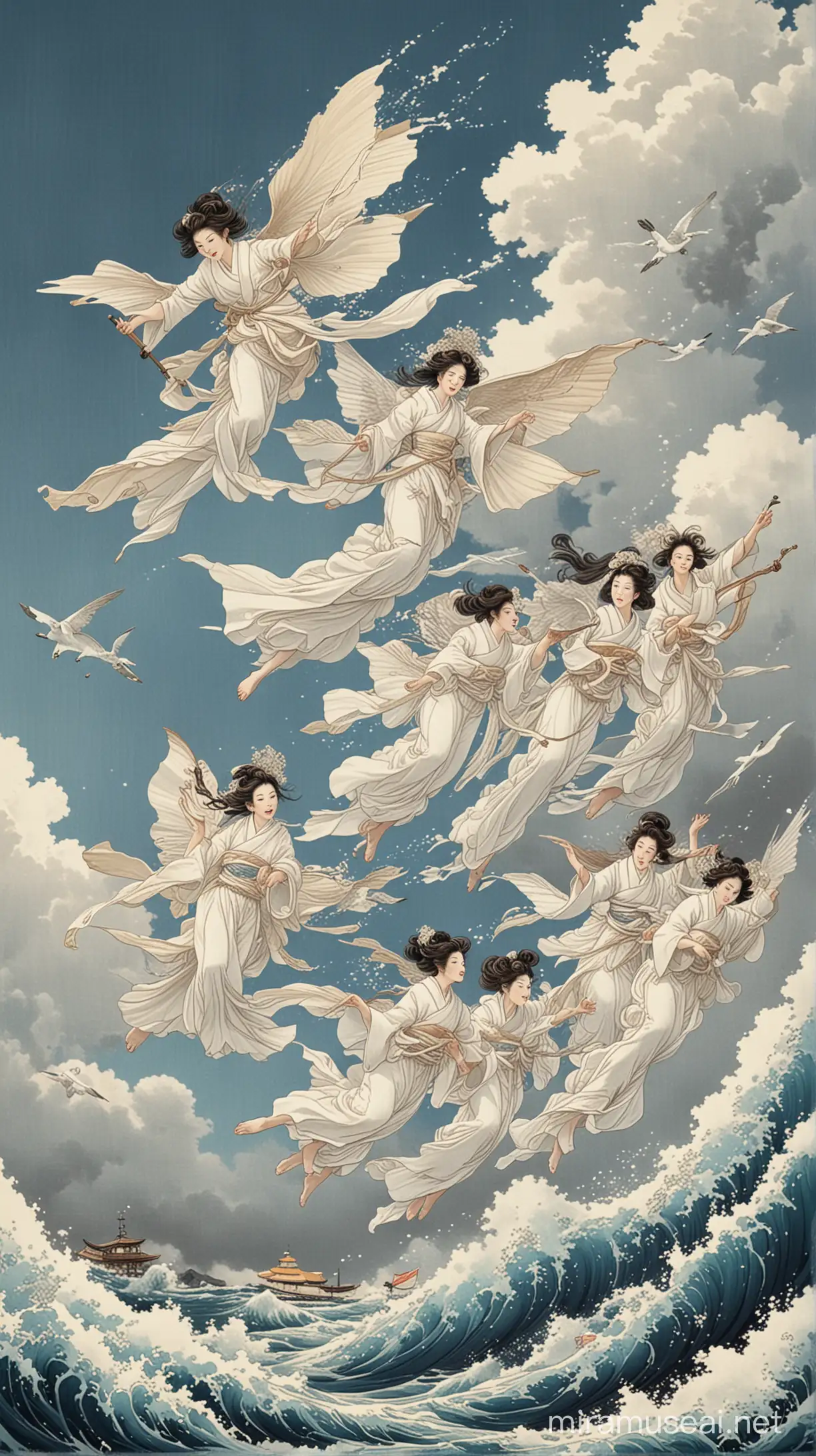 A number of white sea brides flying in the sky. Hokusai style