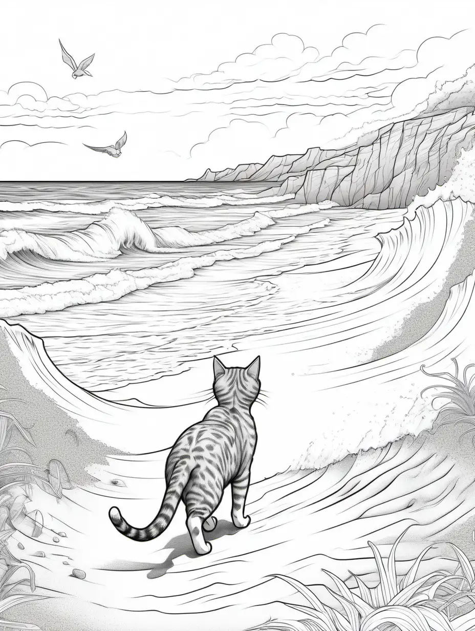 colouring page of An inquisitive cat exploring a sandy beach with crashing waves in the distance