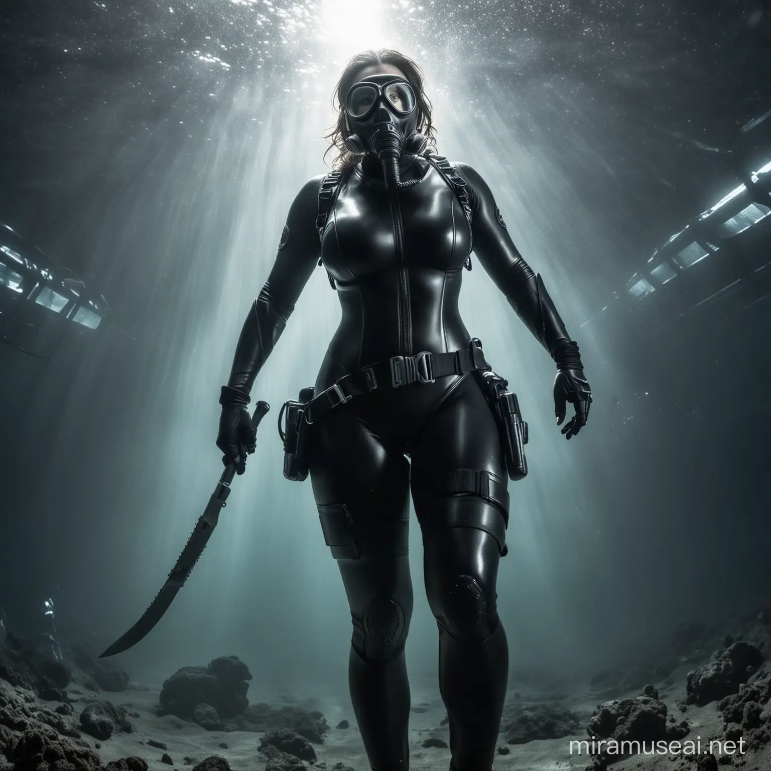 Sensuous Scuba Diver in Spandex with Gas Mask and Knife
