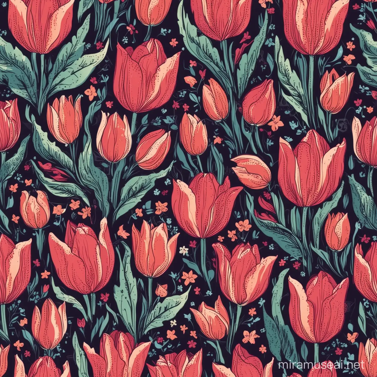 Seamless Vector Floral Pattern with Tulips and Petals