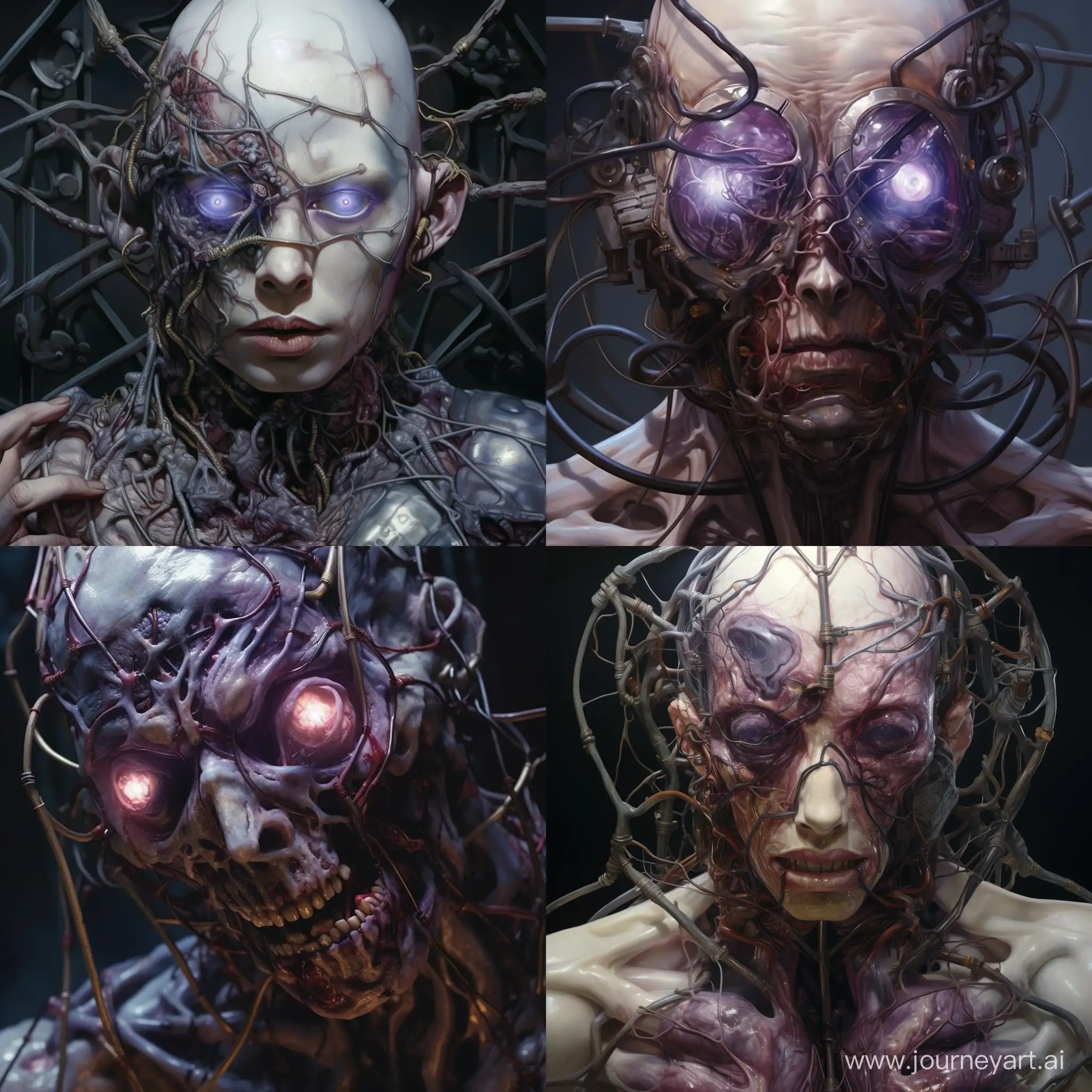 Photorealism. A zombie whose veins, eyes and heart glow with amber light. The heart is protected by a metal cage. The whites of the eyes are black, the skin is pale purple