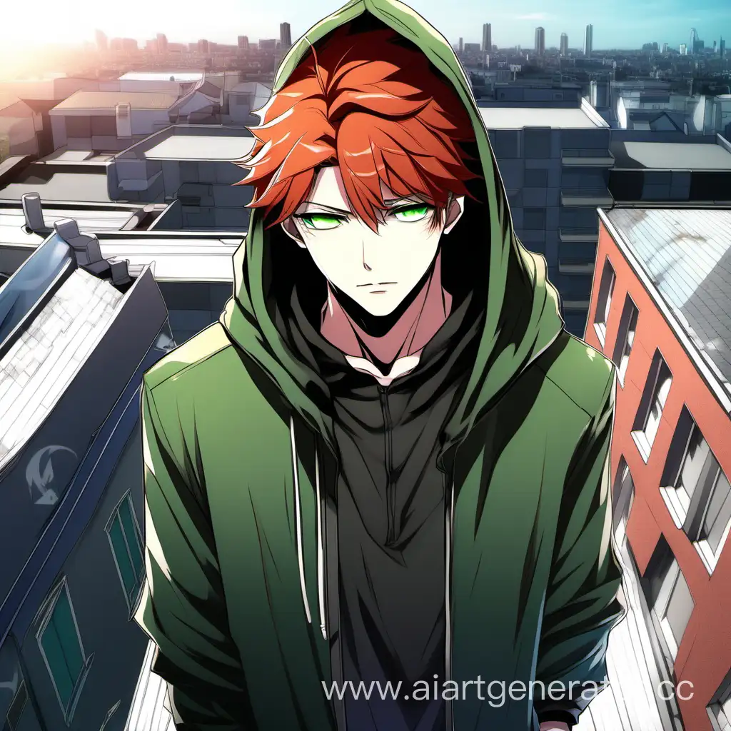 мужской аниме персонаж, симпатичный юноша с зелеными глазами, красными волосами, одет в костюм с капюшоном, с насмешкой смотрит, находится на крыше