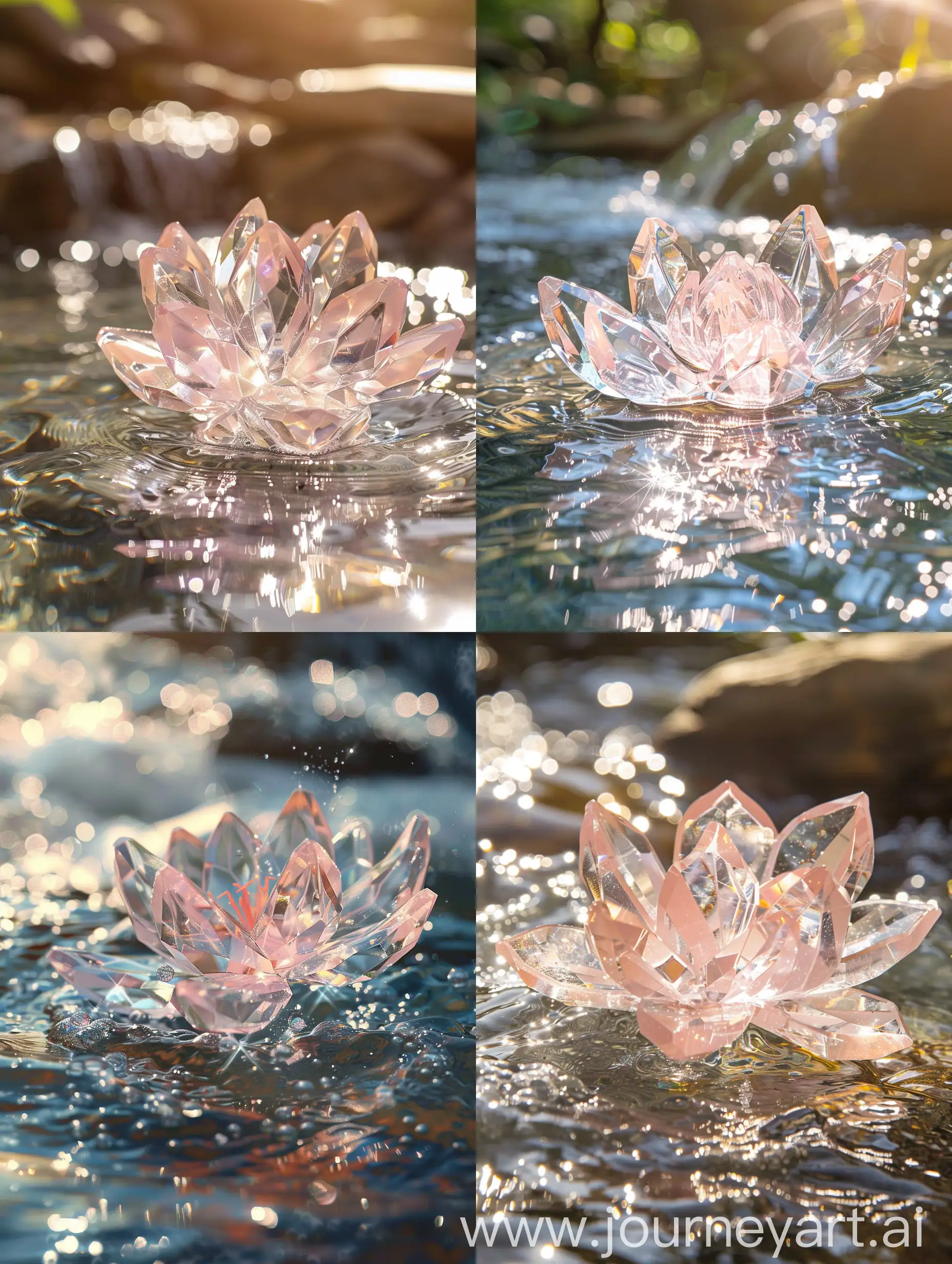 流水，水晶制作的浅粉色莲花，晶莹剔透，阳光照在水面，光泽感，背景模糊