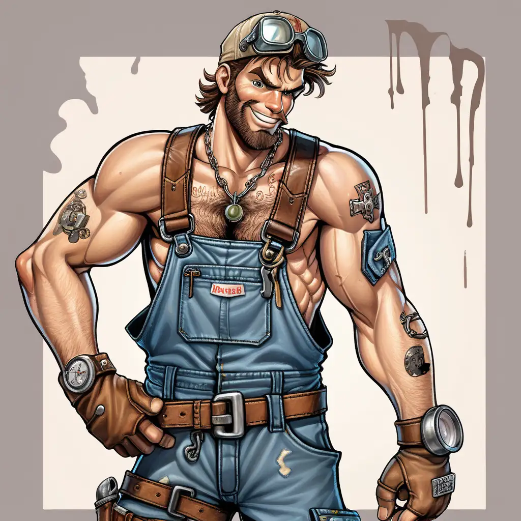 In 2d fighting art style, Grease Monkey Jones stands with a confident stance, his wiry frame emanating a sense of agility and determination. He wears a worn-out mechanic's jumpsuit, adorned with patches and grease stains that attest to years of hard work in his garage. The jumpsuit is cinched at the waist with a thick leather belt, where various tools and gadgets are tucked for easy access during combat.

His sleeves are rolled up to reveal muscular, oil-stained arms, showcasing his strength and hands-on approach to mechanical work. Jones' face bears a stubbled beard and a mischievous grin, his eyes hidden behind a pair of welding goggles pushed up onto his forehead. Strands of unkempt, greasy hair stick out from under a faded baseball cap, adding to his rugged appearance.

Around his neck, Jones wears a chain necklace adorned with gears and wrench charms, a nod to his love for all things mechanical. His hands are adorned with fingerless gloves, each finger stained with oil and grease from countless hours spent tinkering with machines.

Overall, Grease Monkey Jones exudes a rough-and-tumble charm that is both endearing and intimidating, a testament to his expertise as a mechanic and his prowess as a formidable fighter in the tournament.
