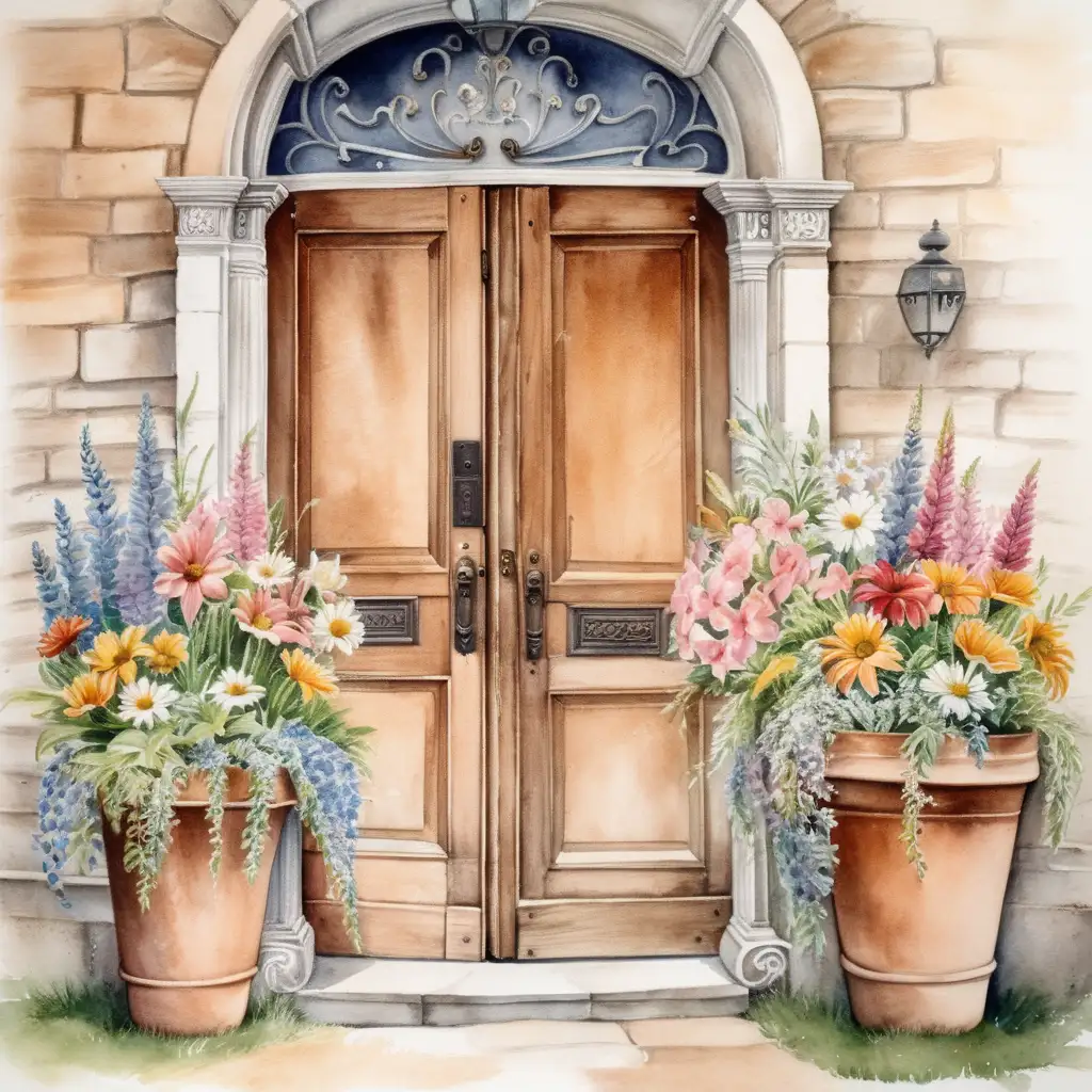 Charming Watercolor Illustration of Antique Door with Large Pots of Flowers