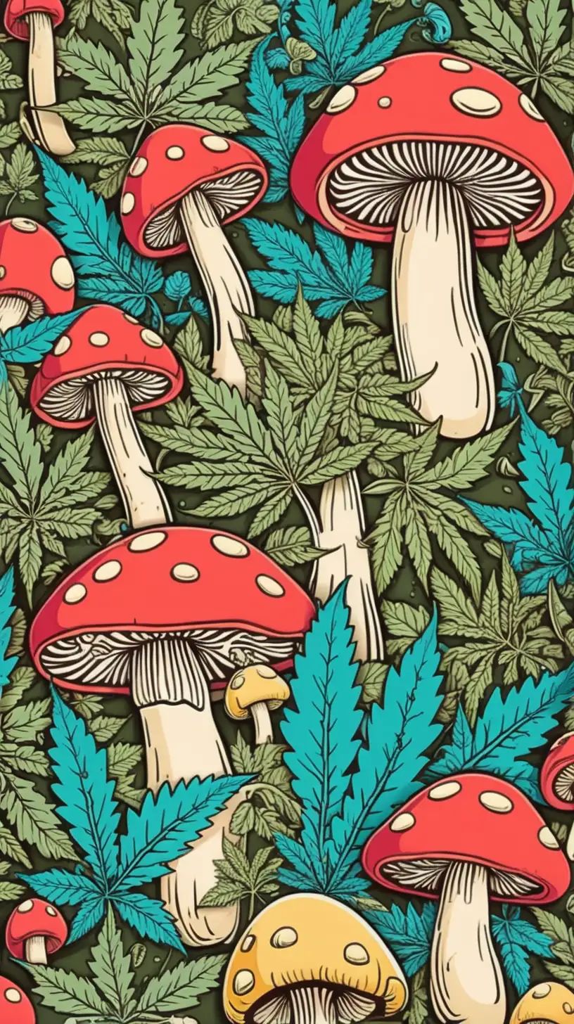 /imagine illustration, marijuana leaves and mushrooms, cartoon style, thick lines, low detail, vivid color --ar 85:110