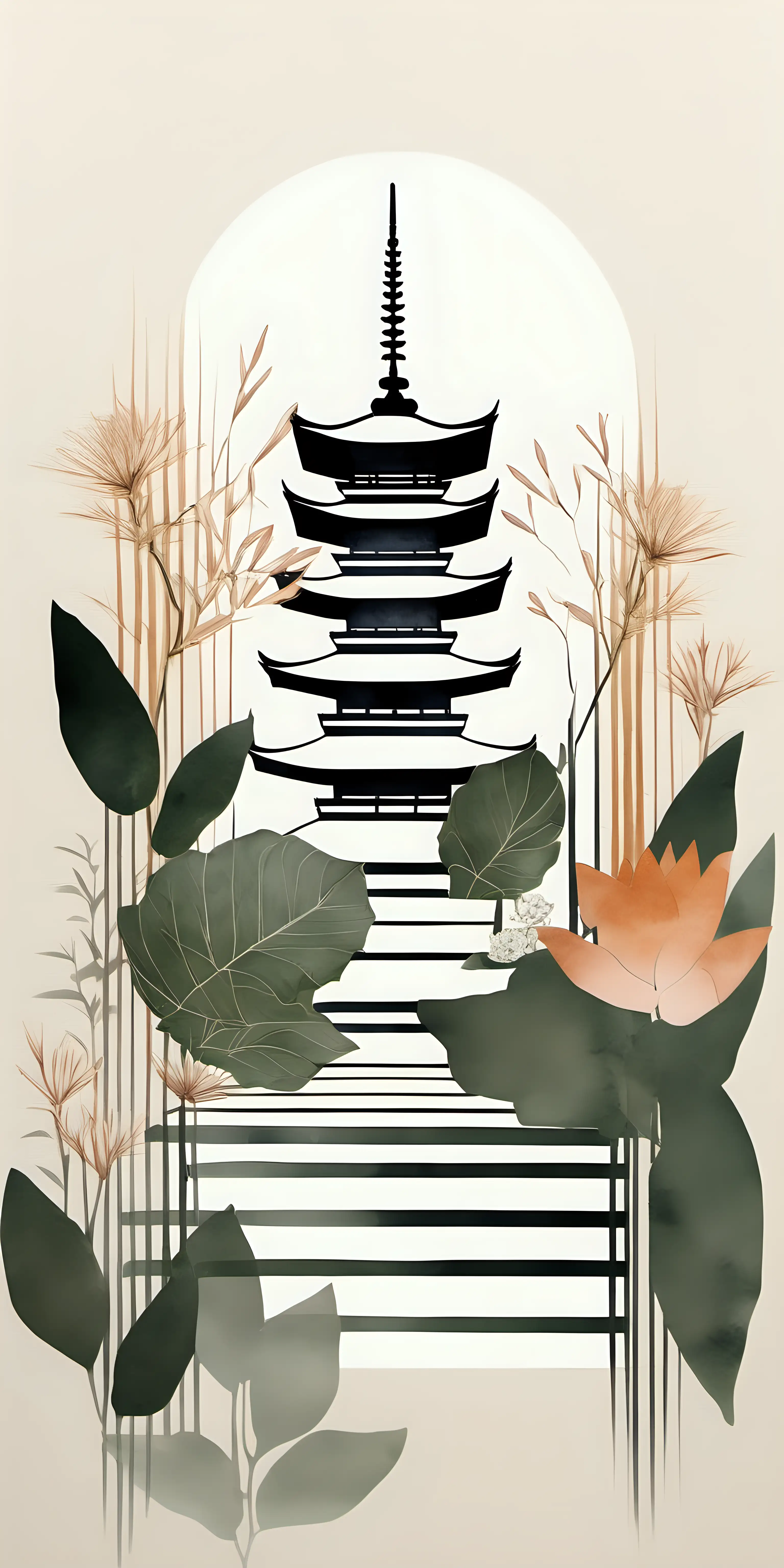 Minimalist Japandi art piece, embodying a harmonious blend of Japanese and Scandinavian aesthetics featuring Thailand, Bhuddism Temple, sun, surrounded by various plant motifs including wildflowers. Visible brush strokes, neutral shapes on white background. Emphasize thick, deliberate lines for a minimalistic and clean look. Incorporate muted tones in a watercolor style, with a composition of stripes and shapes. The artwork should demonstrate juxtaposed elements, showcasing a clever use of negative space to create balance and serenity. The overall feel should be calming and refined, capturing the essence of both Japanese simplicity and Scandinavian functionality in a gallery art setting.