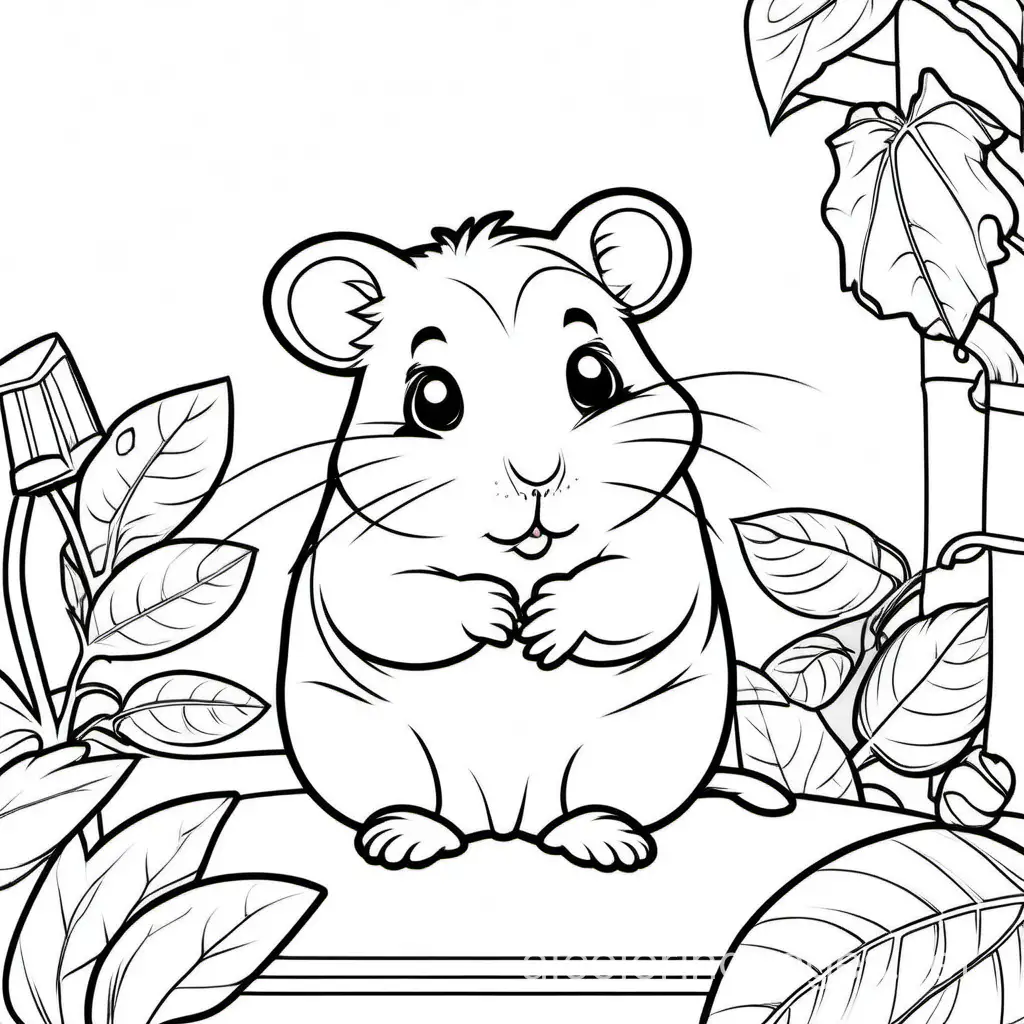 cute hamster play in home, Coloring Page, black and white, line art, white background, Simplicity, Ample White Space. The background of the coloring page is plain white to make it easy for young children to color within the lines. The outlines of all the subjects are easy to distinguish, making it simple for kids to color without too much difficulty