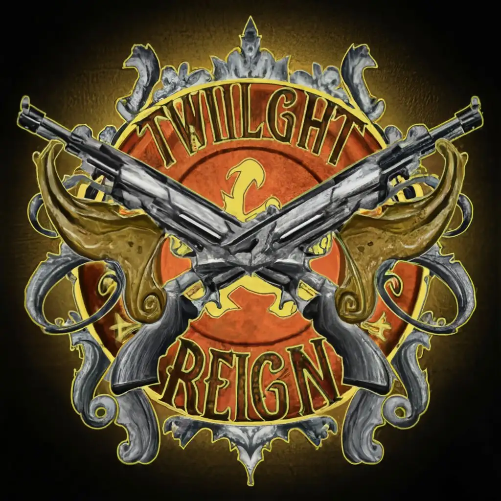 logo, guns, with the text "TwilightReign", typography