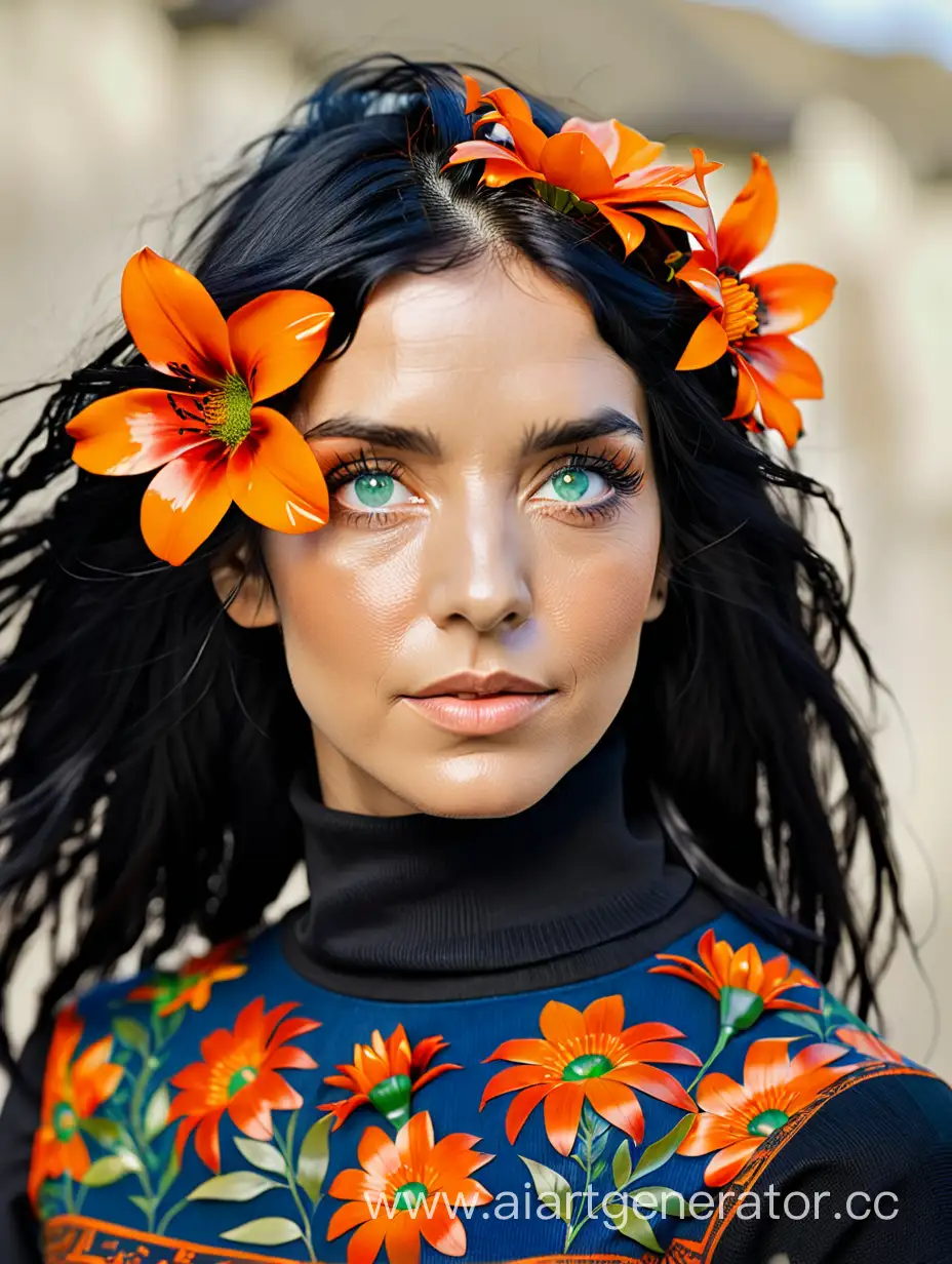 Женщина с черными волосами по плечи, оранжевыми цветами, вплетёнными в волосы, левым - голубым, а правым - зелёным глазами, черной водолазка и широких брюках
