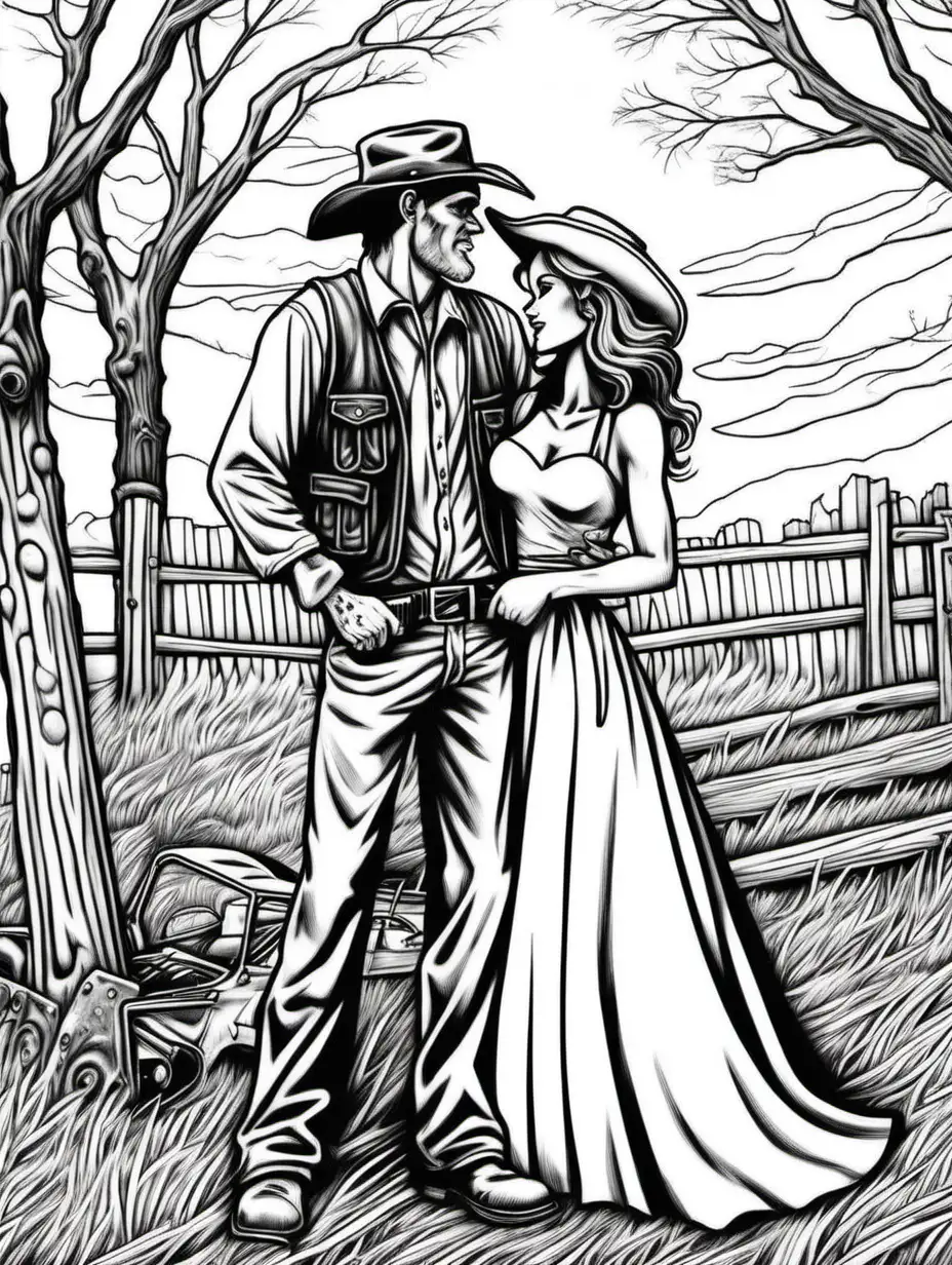 I want black and white images, no shading, a coloring book page, a redneck hillbilly man with a baseball hat on backward, and woman, a shotgun wedding