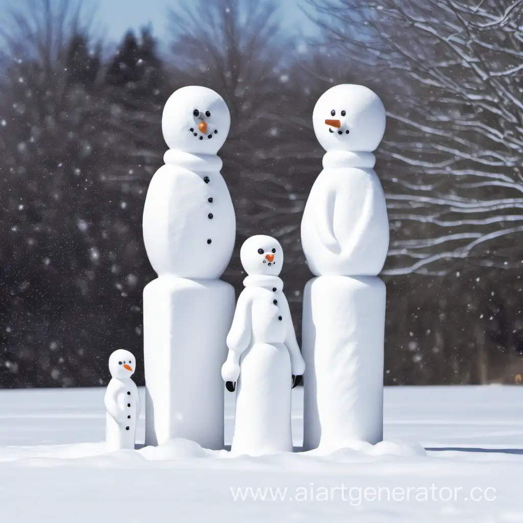 Whimsical-Snow-Family-Sculpture-Joyful-Winter-Art-in-Snowy-Landscape