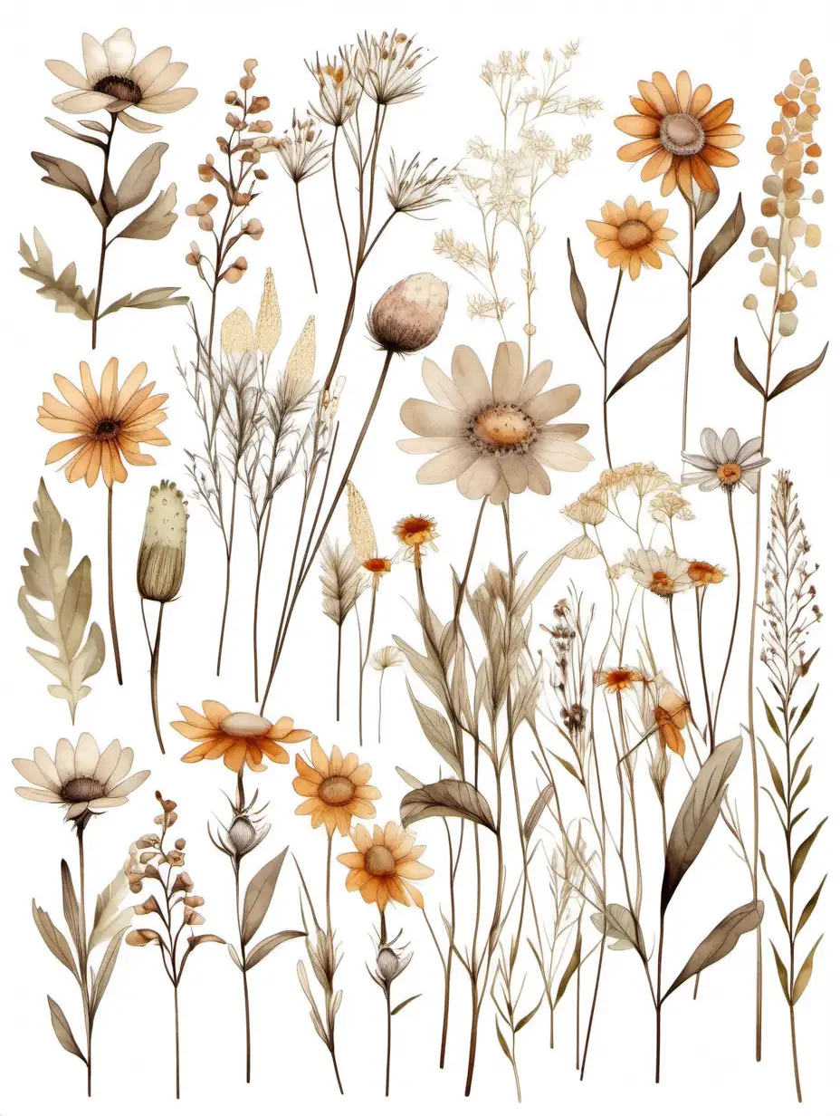 wild flowers, boho, neutral, for a nursery,
Isolated white background