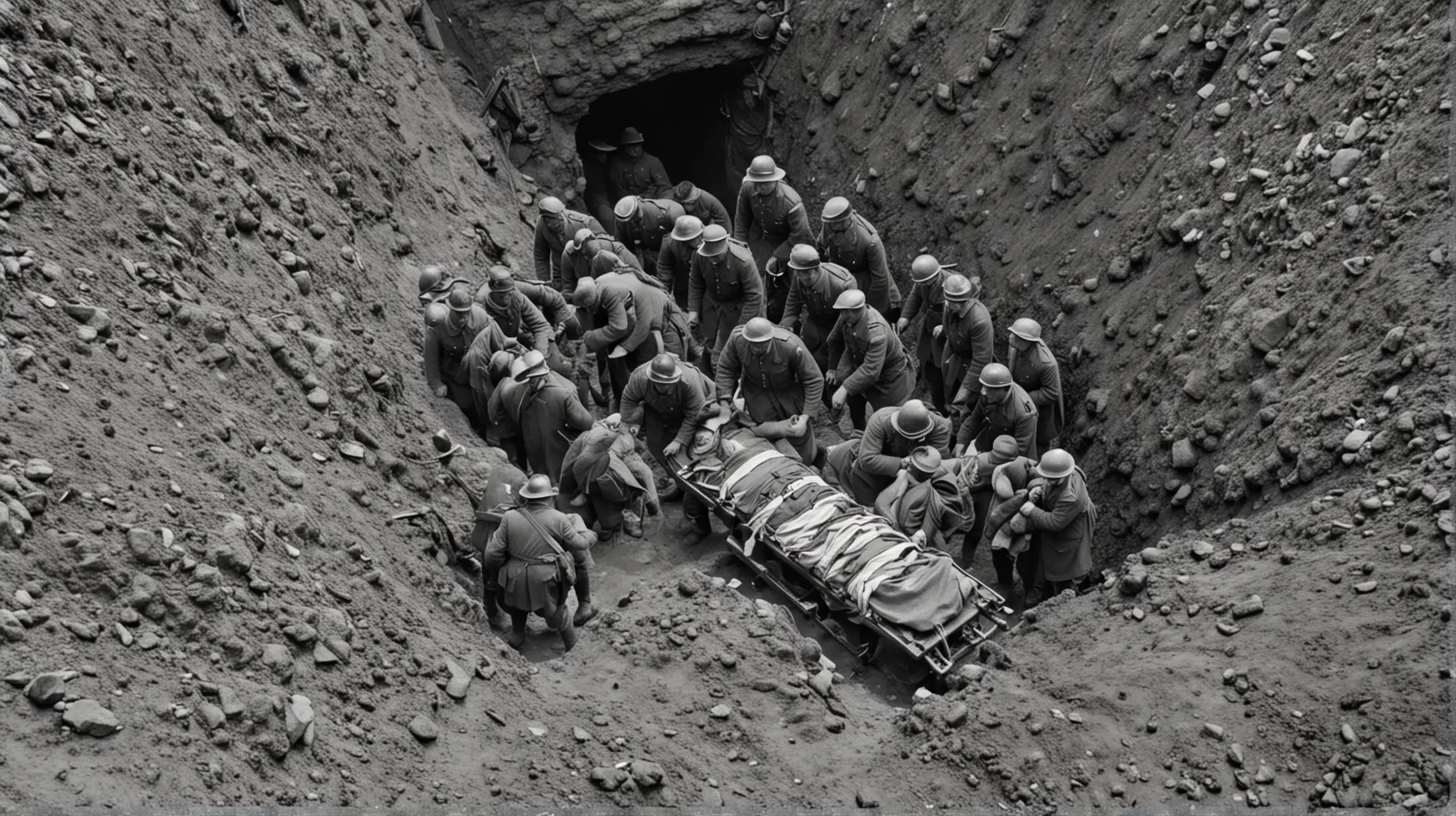 World War I Ambulance Workers Evacuating Wounded Soldiers in Trench