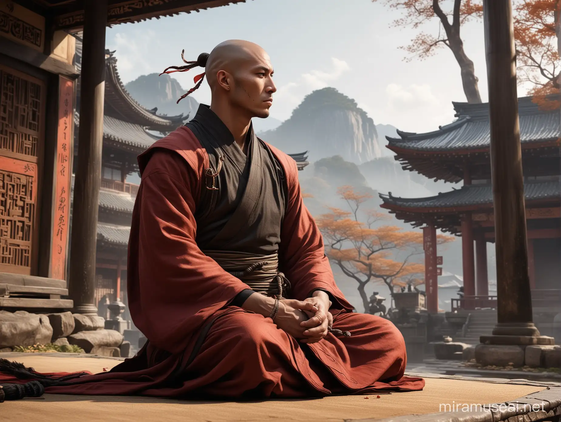 style: realistic concept art, video game artwork, in the style of a legends of the five rings character, extreme low angle shot, sitting in meditation, a male monk, shaved head, long braided tail of hair, wearing tan and brown monks robes with red highlights, aged 25, a raven near is near the monk, with a traditional Japanese monk temple in background, he is a scorpion clan member