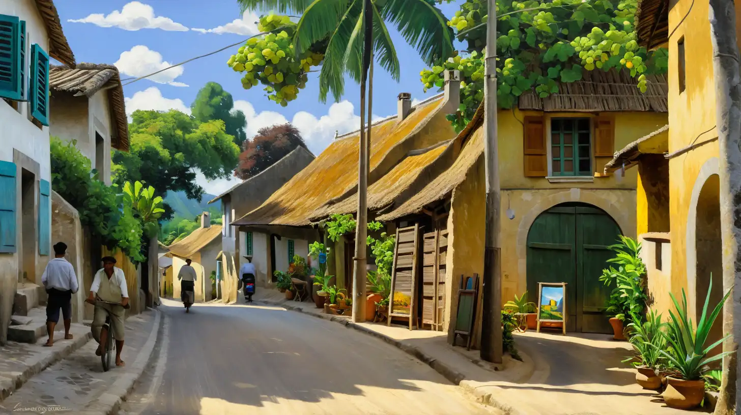 create a GAUGIN style painting of this village street keeping detail of image 