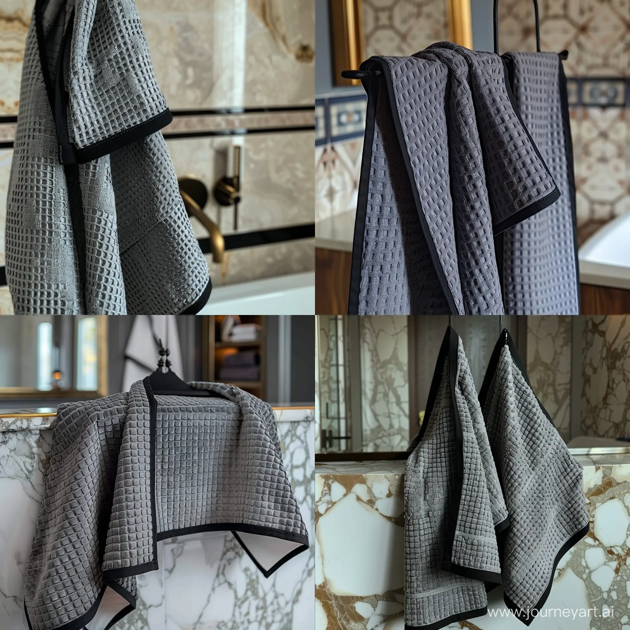 Luxurious-Graphite-Waffle-Towel-with-Black-Trim-on-Hanger-in-Lavish-Bathroom