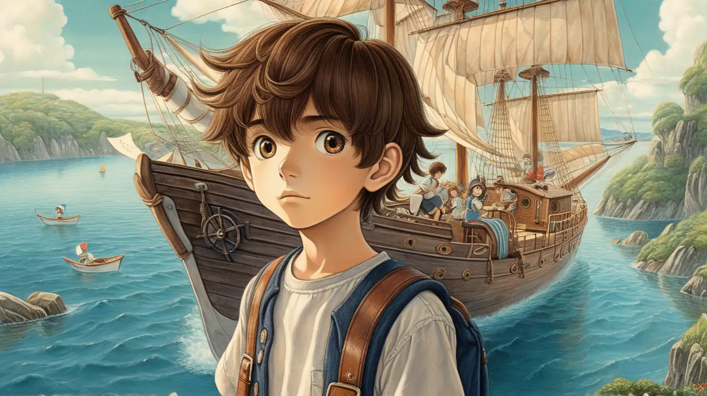 a boy with brown hair, beauiful illustration of fantasy, wonderland, sailing, soothing, dark, dreaming, music, amazing detailed game poster, Hayao Miyazaki --ar3:2 --niji 5