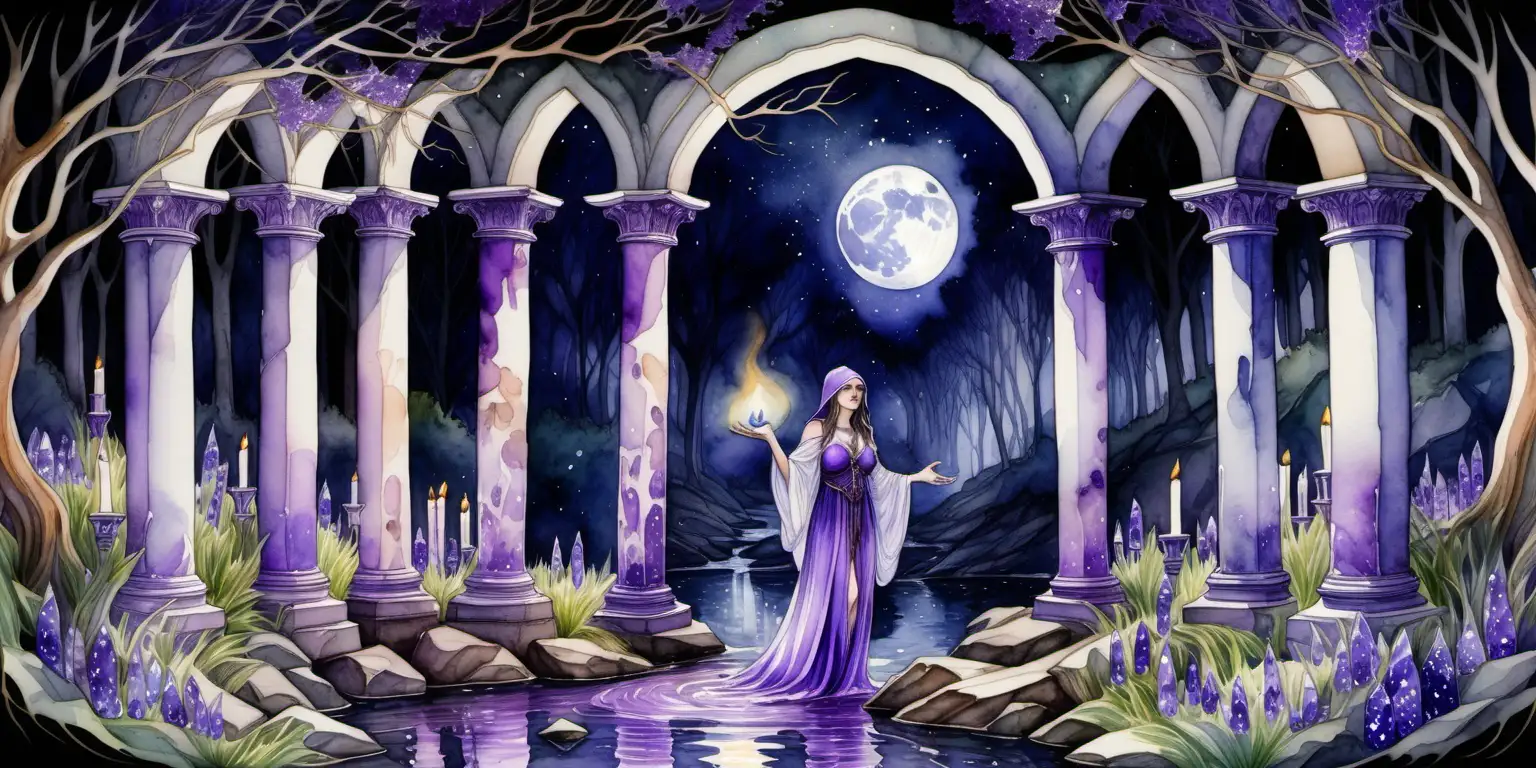 a watercolour painting of a sorceress surrounded by amethyst crystals, she is in a woodland where wild flowers grow, a beautiful stream flows through an archway . It is a beautiful moonlit night . there are pillars with candles on the top of the pillars