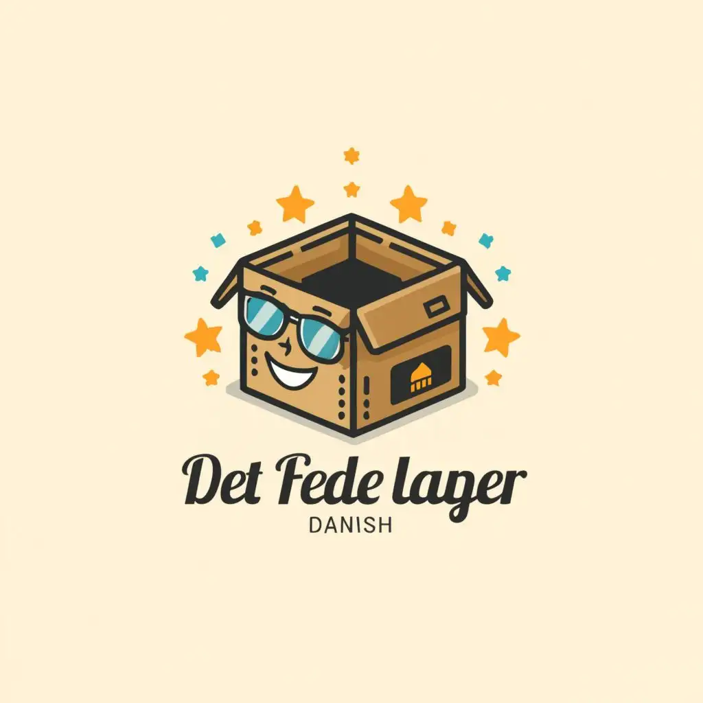 LOGO-Design-for-DET-FEDE-LAGER-Danish-Cardboard-Shipping-Box-with-Sunglasses-and-Starburst-Internet-Industry-Branding