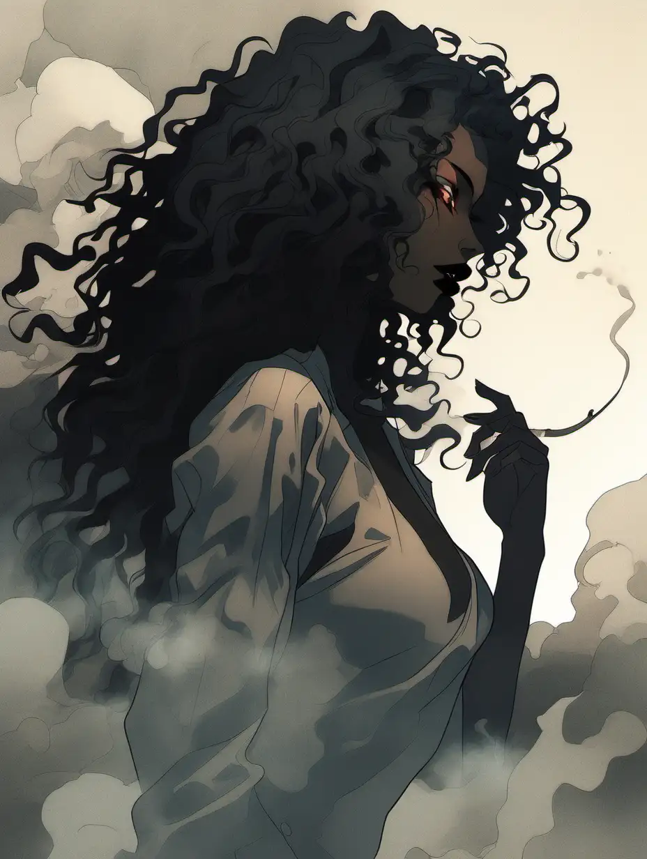 [CLOSE UP SIDE VIEW OF A WOMAN WITH SMOKE COMING FROM HER MOUTH] anime silhouette, woman with black smoke coming out of mouth, smoke coming out MOUTH, (mature, whole body, ethereal long black wild curly hair, brown skin, black lip, red eyes, full hips/thighs, and bewitching chest with medium breasts), clothed, extremely detailed, ultra-sharp focus, depth of field, perfect meshes and textures, highly accurate reflections, volumetric fog, volumetric lighting, face drawn by the masterful artist Paul Gauguin, thin and soft lines --ar 2:3 --niji 5
