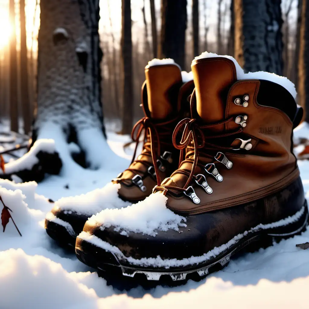 Snowy forest floor, detailed and structured, worn old leather hiking boots laying in snow, iced, forest trees surrounding, Sunset, uplight, 1080f resolution, ultra 4K, realistic