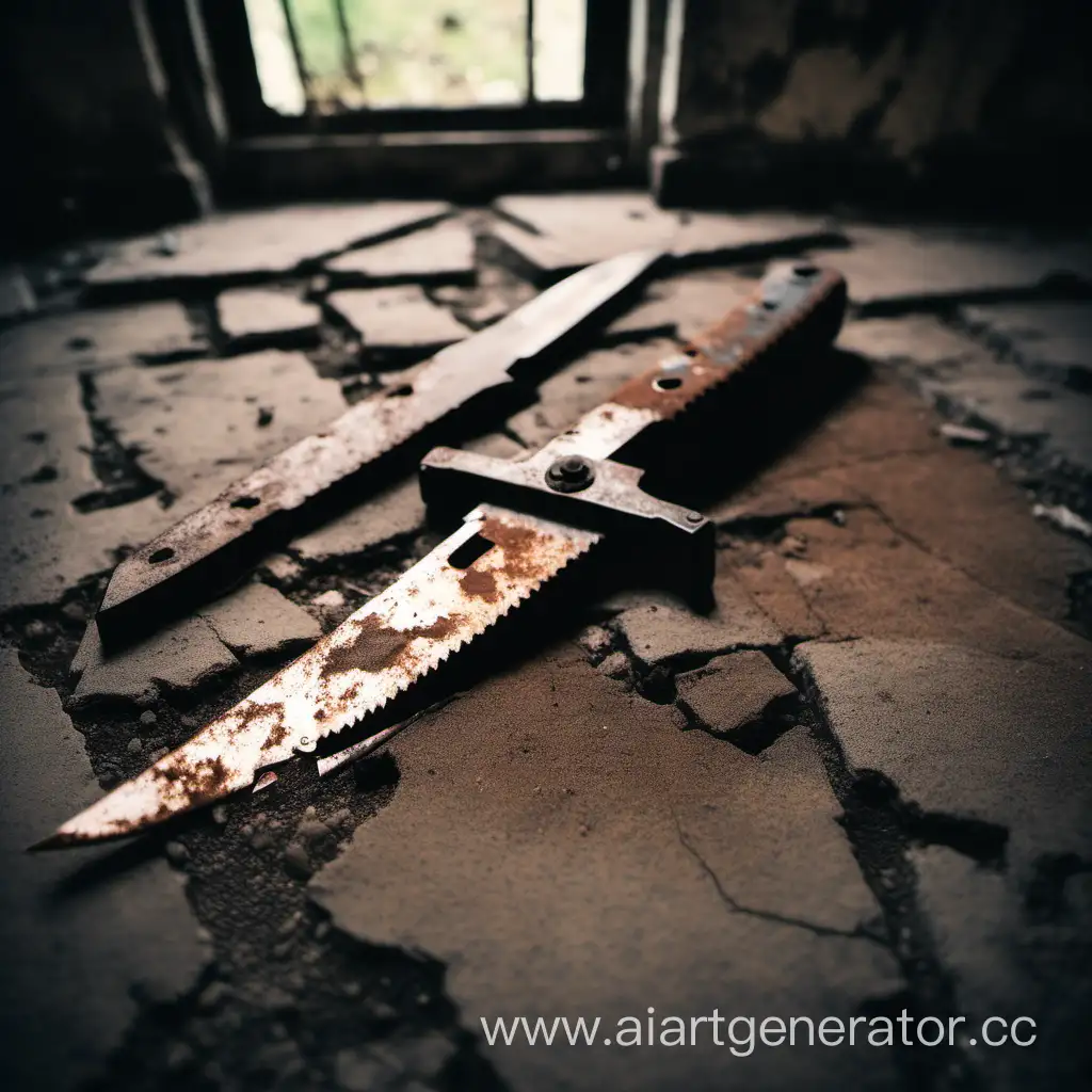 ржавыйм нож с зазубренным лезвием на полу старого разваливающегося дома