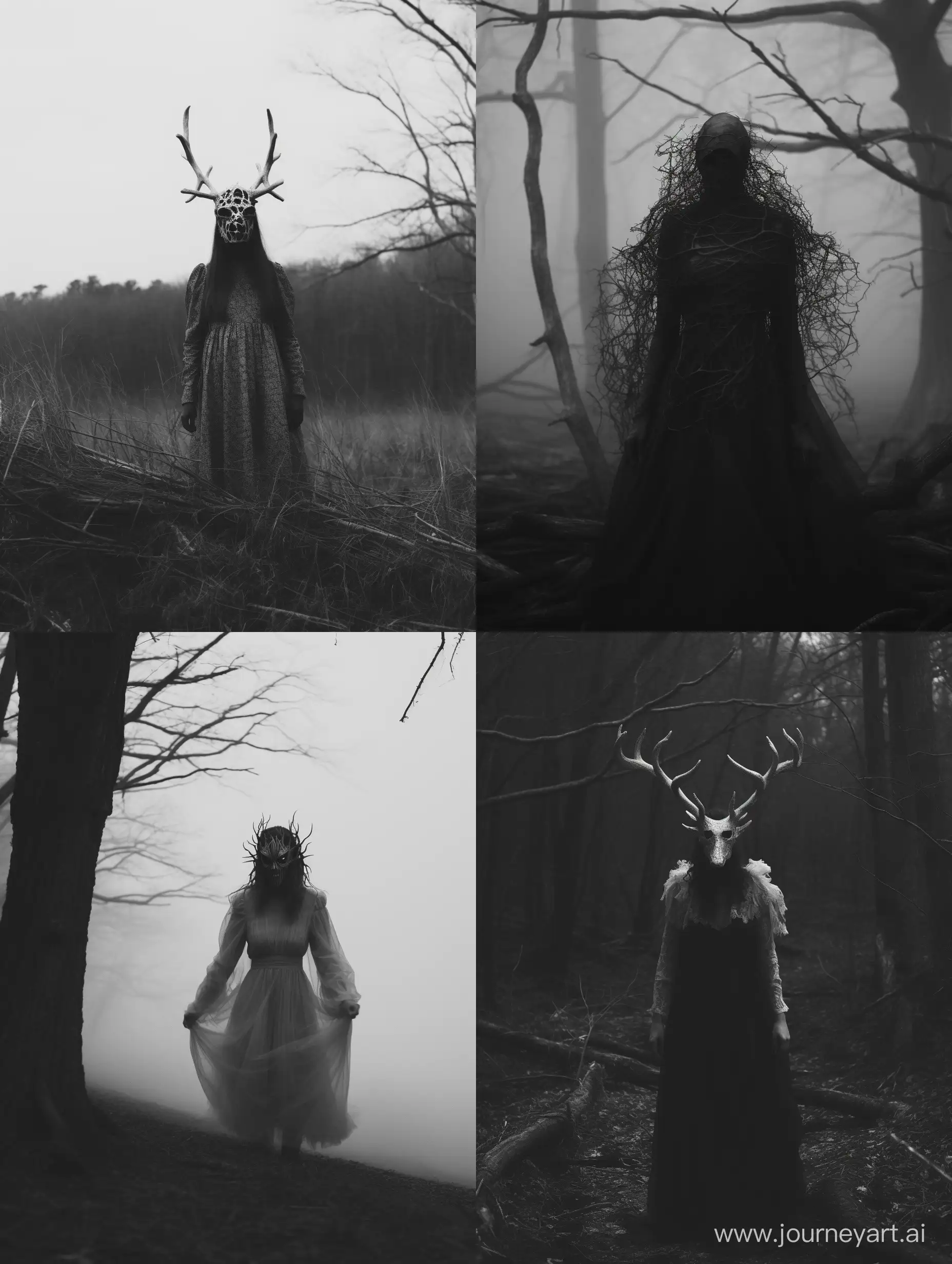 grayscale photo that evokes folk horror, capturing a mysterious and unsettling encounter between a person in a vintage dress and a ghostly mythical creature, the_ritual, creepypasta, folk horror, dark aesthetic, dark folk, dark magic, witch core