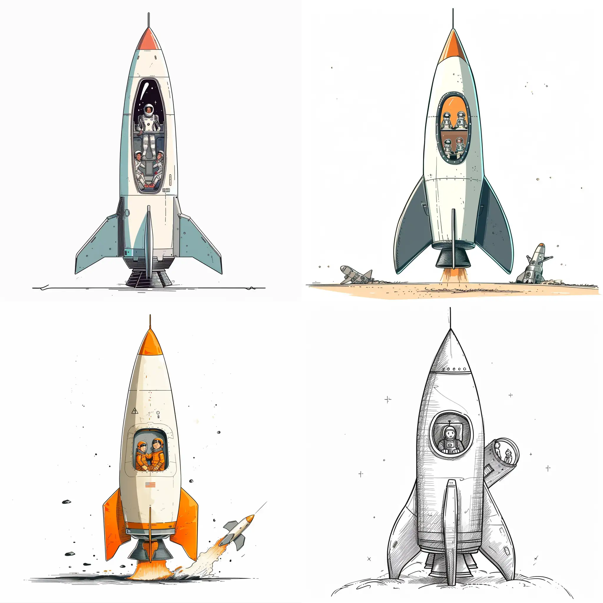 A rocket is ready to launch,a few people are inside they looks happy,  and there is an empty, clear, nicely equipped seat waiting for someone and the door is open.  Vector sketch drawing illustrator style on white background. 