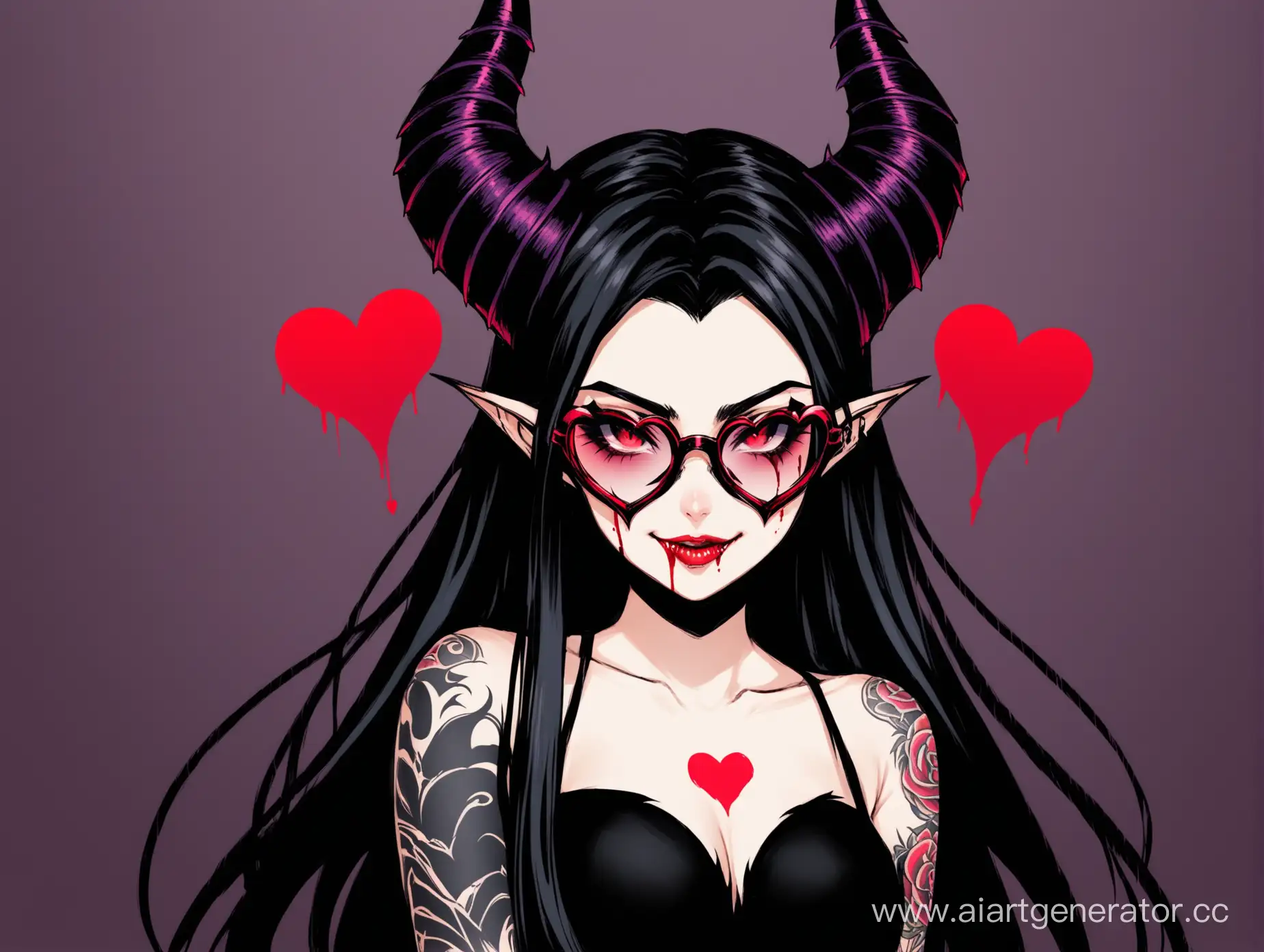 Девушка рога малифисенты маска с шипами длинные черные волосы татуировки очки красное сердце кровь человеческие уши 