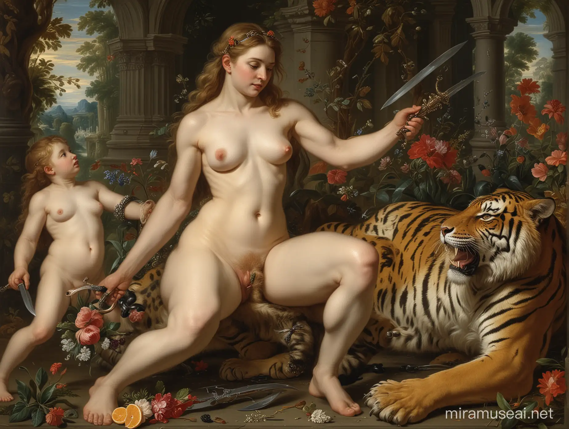 Rubens Style Art Dramatic Scene of Young Woman Confronting Tiger Amidst Flowers and Fruit
