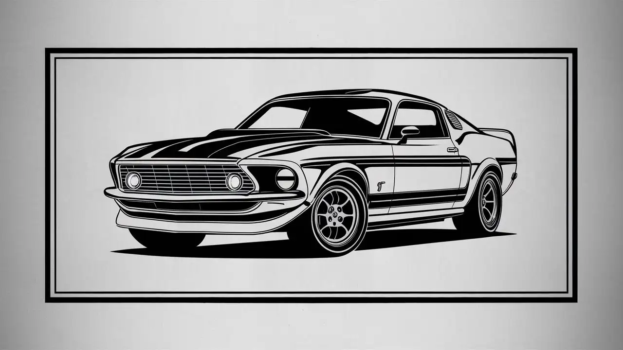 black and white mustang muscle car, wall art, all lines within border, all lines connected, no background