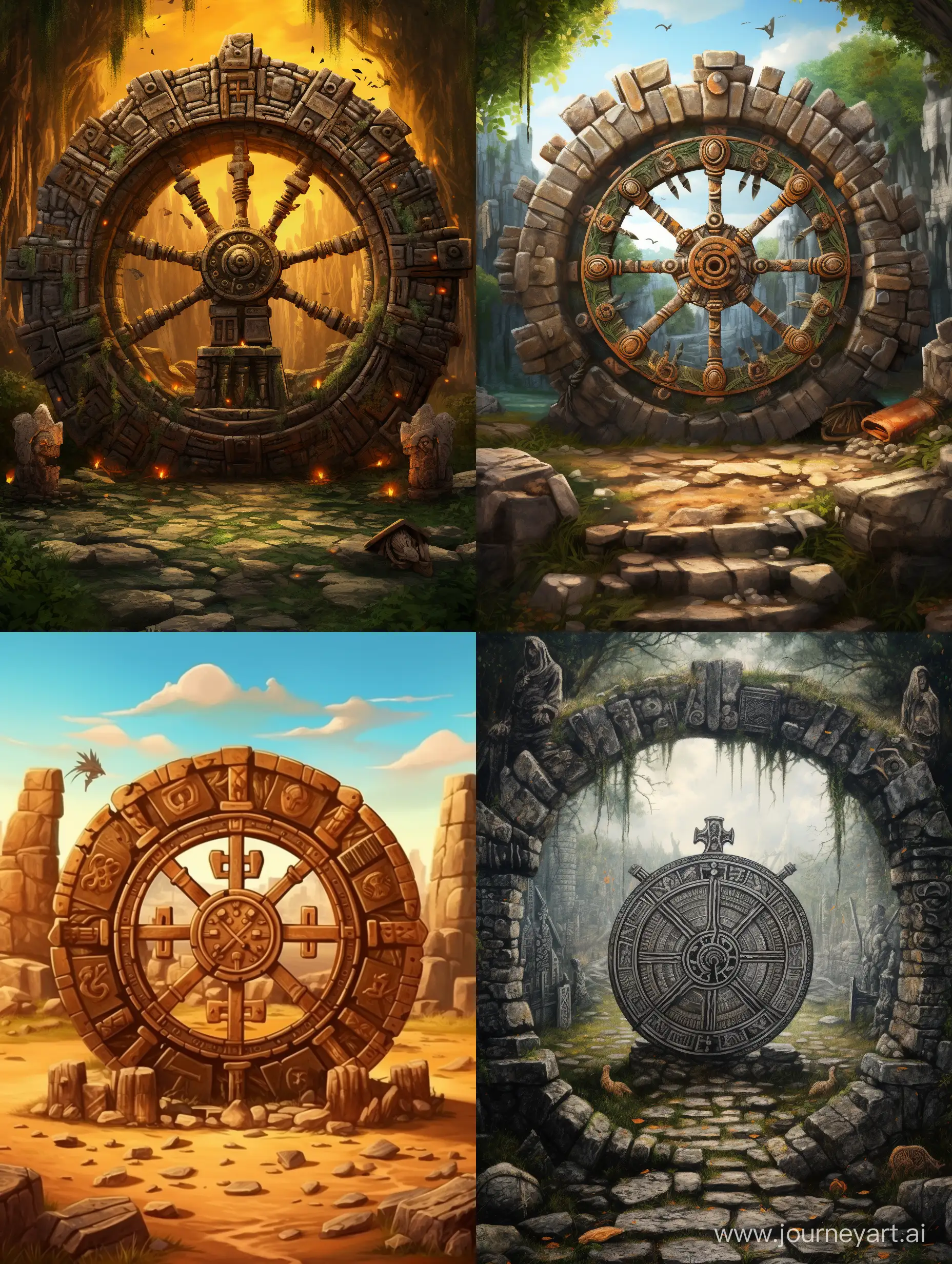Древнее каменное колесо с рунами по кругу, каменный круг с древними символами по краям круга, качественный высокодетализированный рисунок, яркость, красочность, стирающаяся грань между реальностью и фантазией